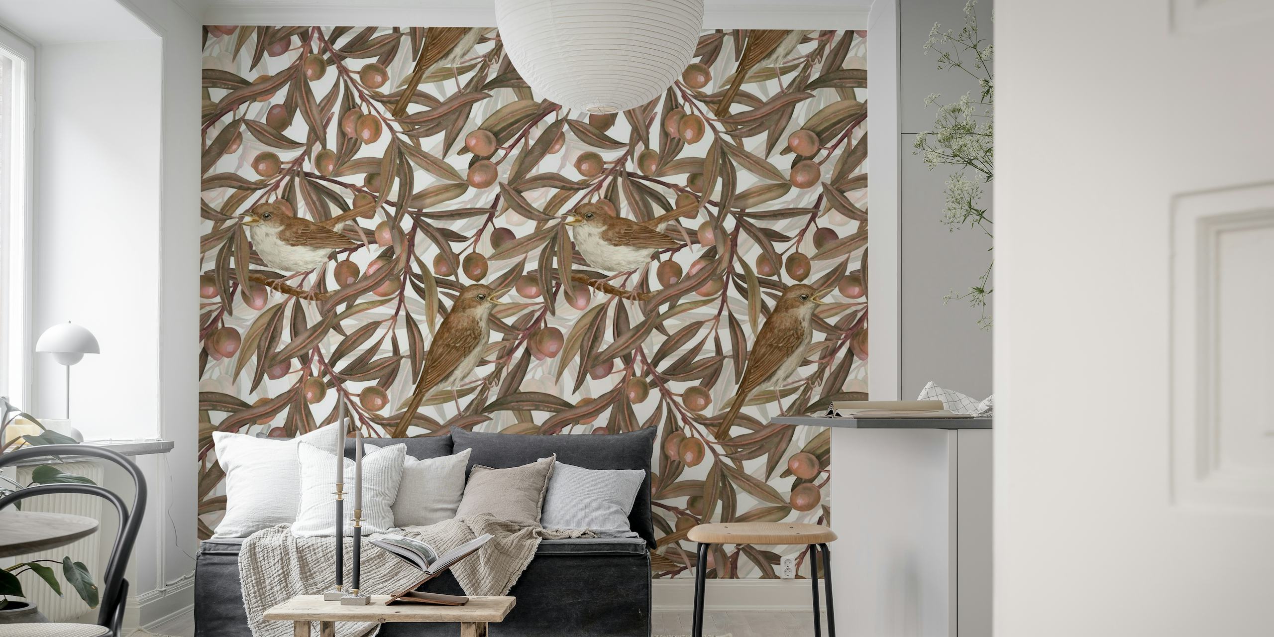 Inviting wall mural featuring birds perched on olive branches with rich earth tones