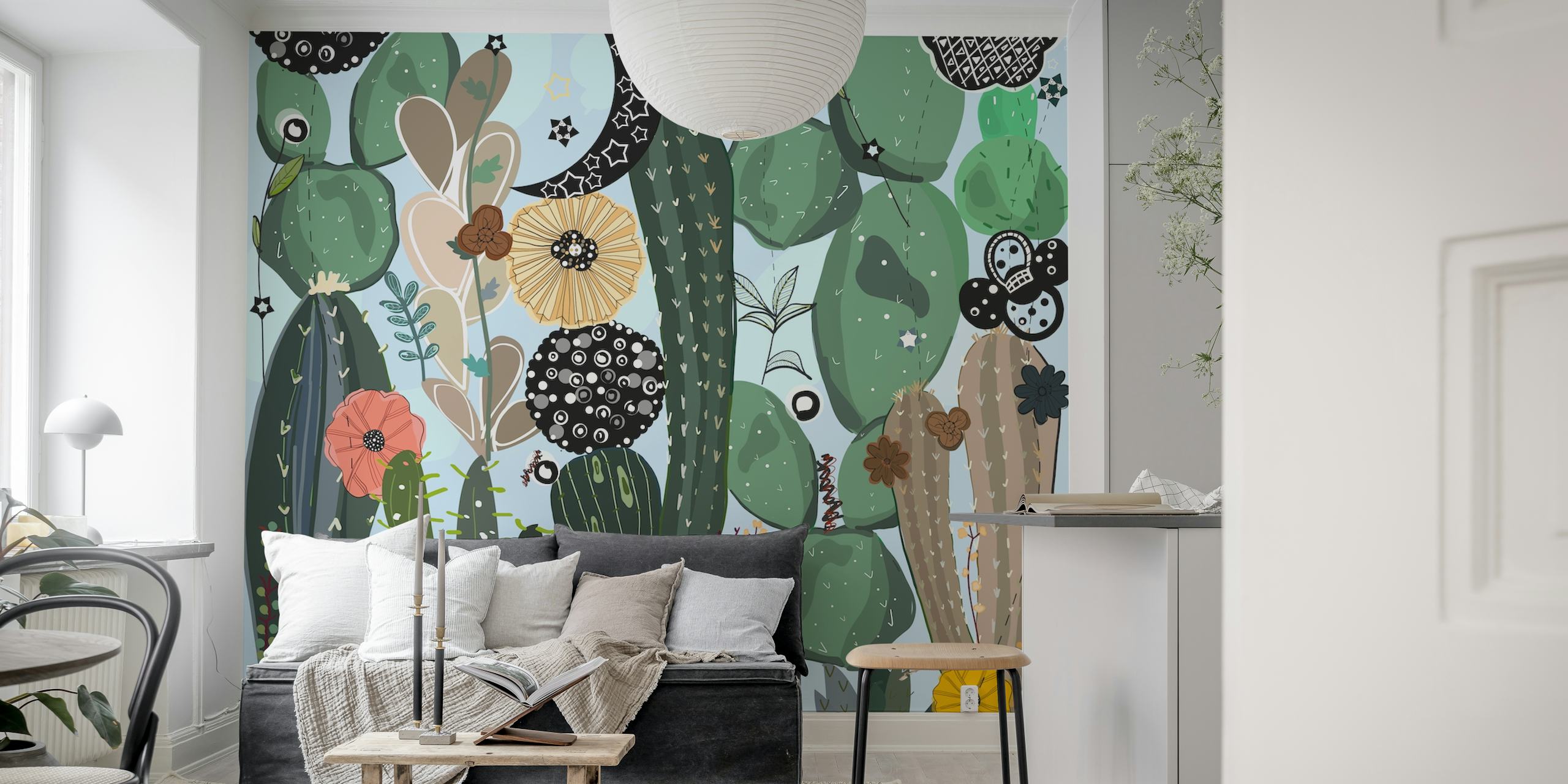 Cactus and moon pattern with colorful flowers and stars wallpaper