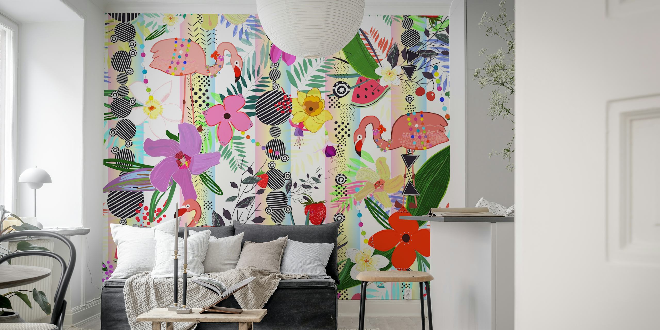 Tropical flamingo and floral pattern with vibrant colors wallpaper