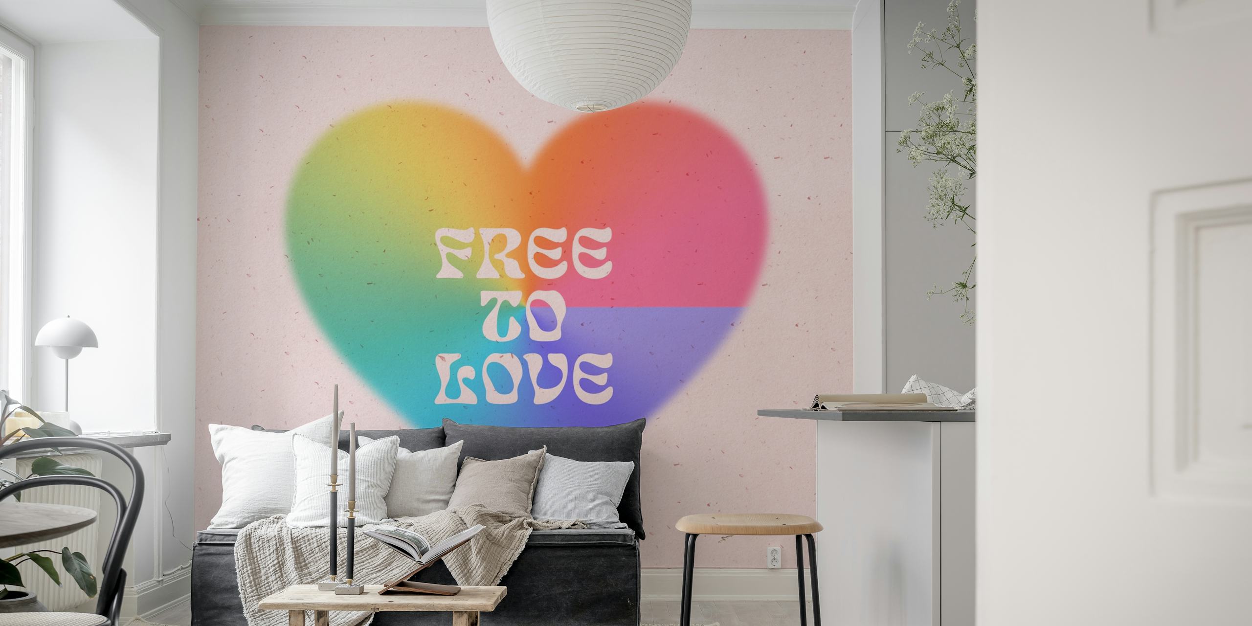 Rainbow heart wall mural with Free to Love text on a pastel background