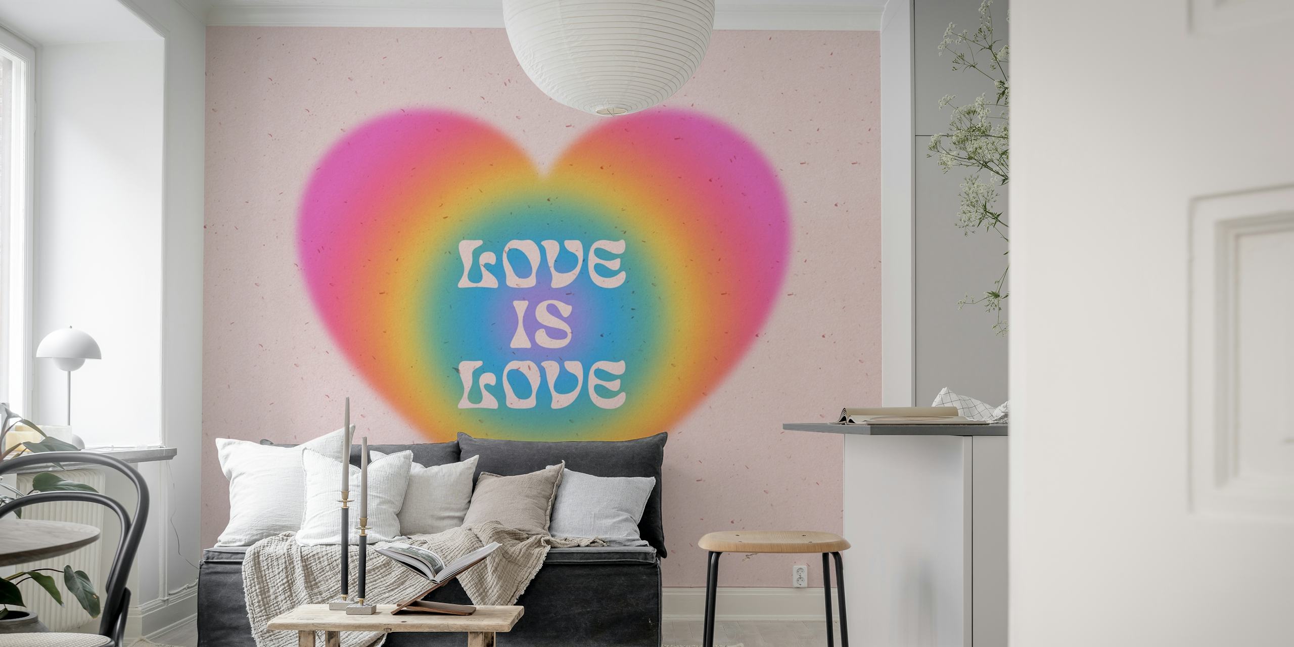 Rainbow heart with text 'Love is Love' on pink background wallpaper