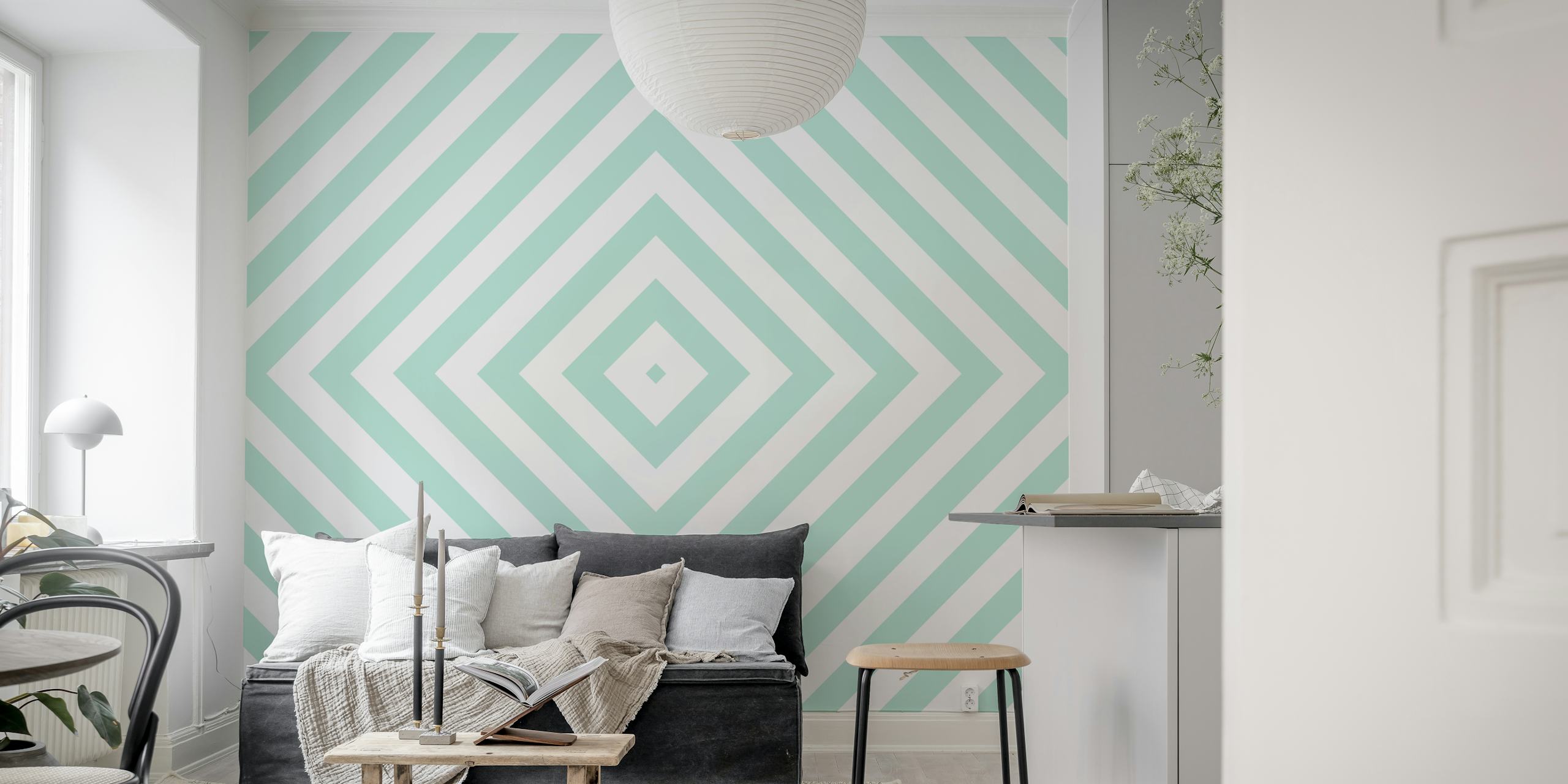 Pastel Mint og Hvide Kvadrater tapet i et rum