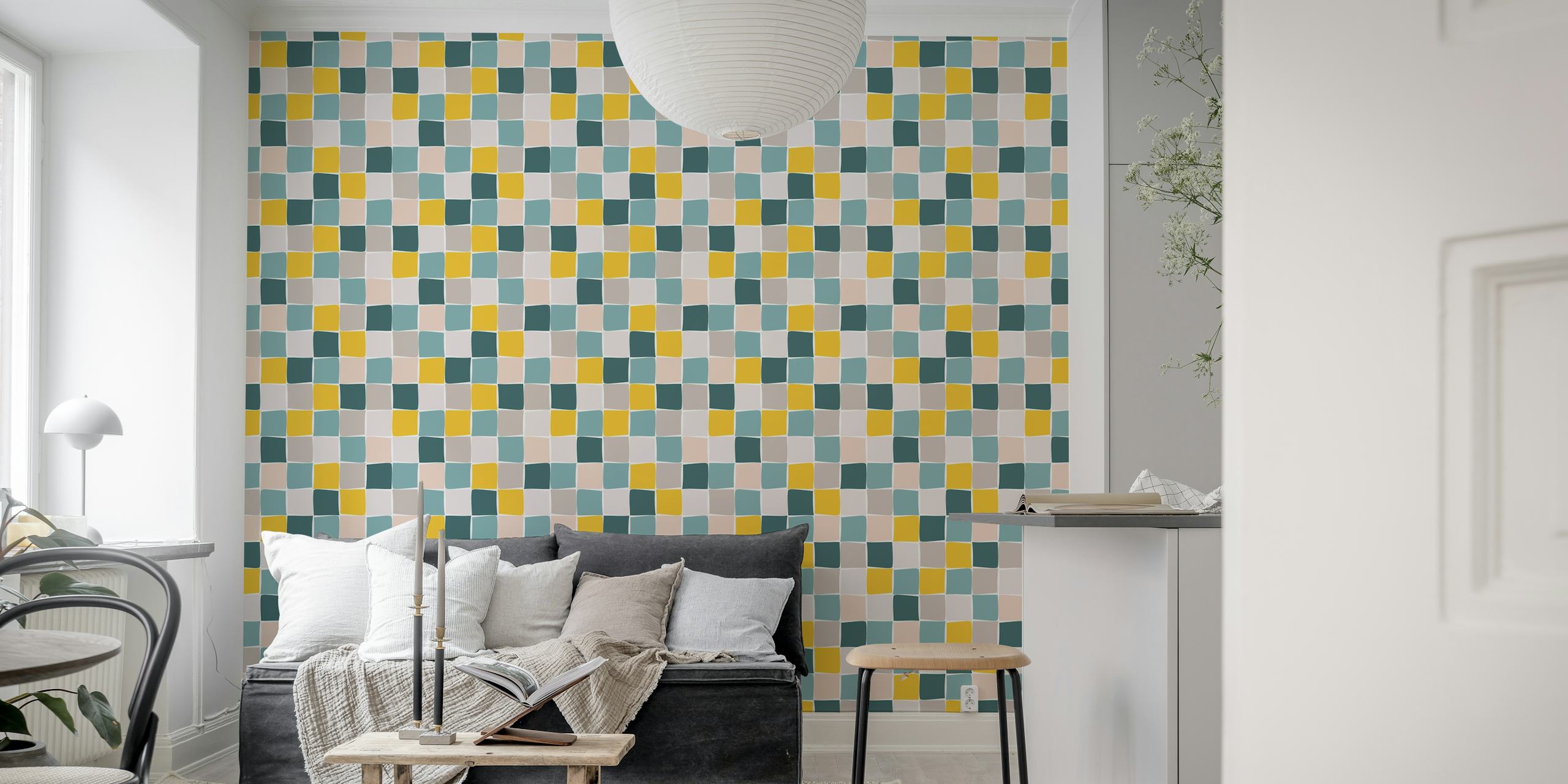 Colorful geometric pattern of squares in teal, yellow, and cream wallpaper