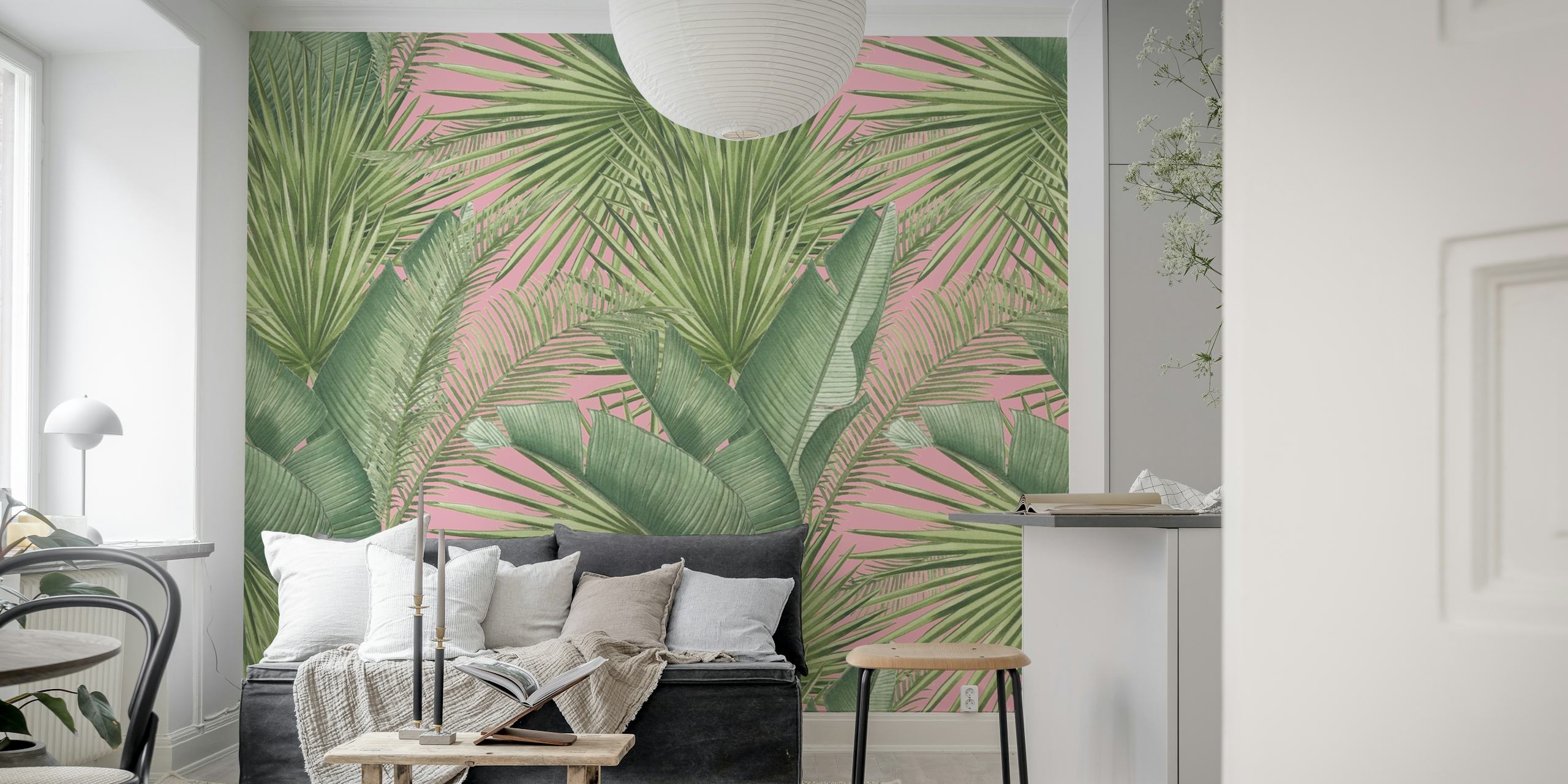 Pink and Green Botanical tapet i et rum