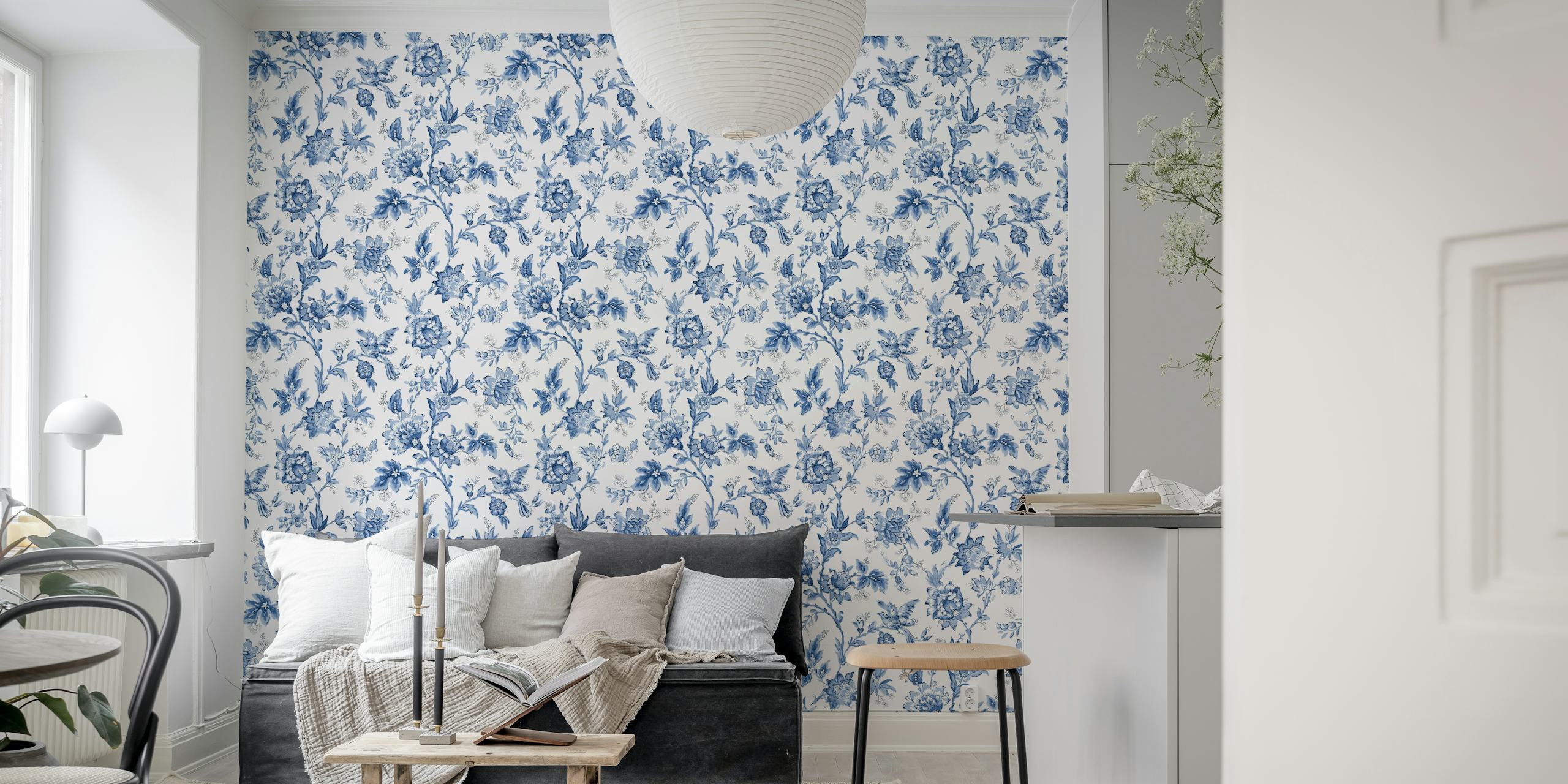 Elegant vintage blue and white floral wallpaper mural