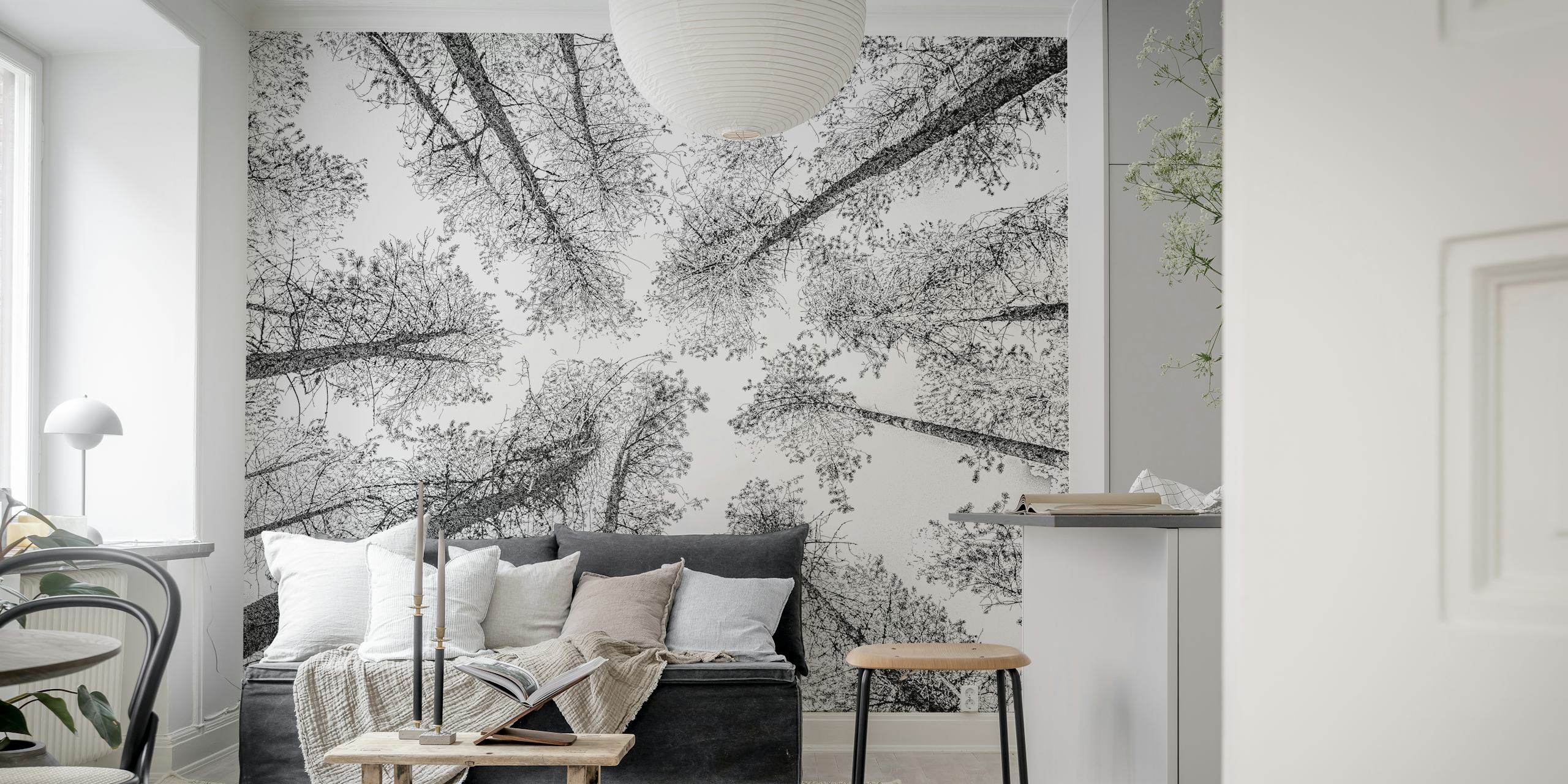 Upward view of a forest canopy wall mural in an etching style.