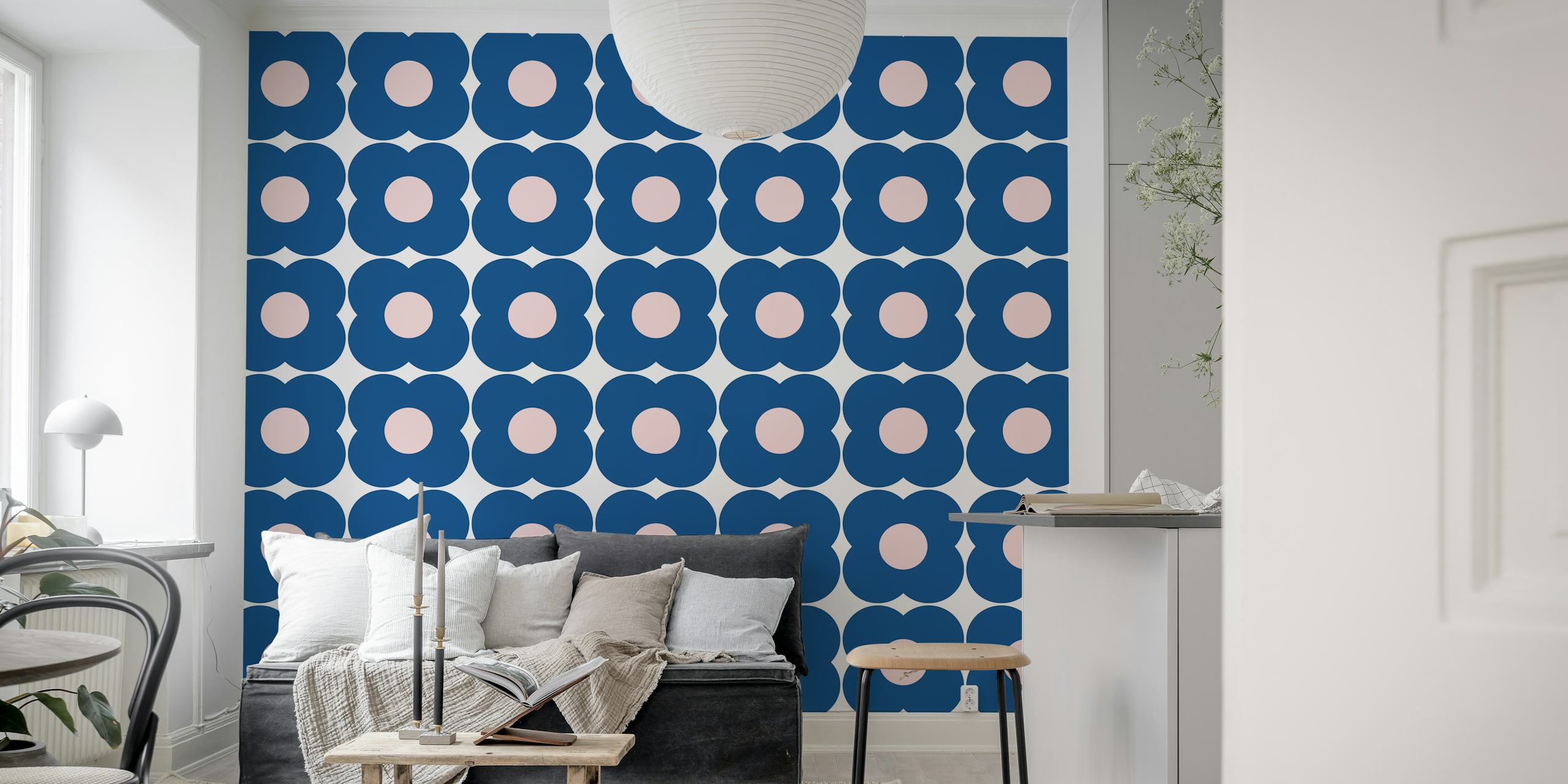 Retro Blue Geometric Flowers wallpaper in a room