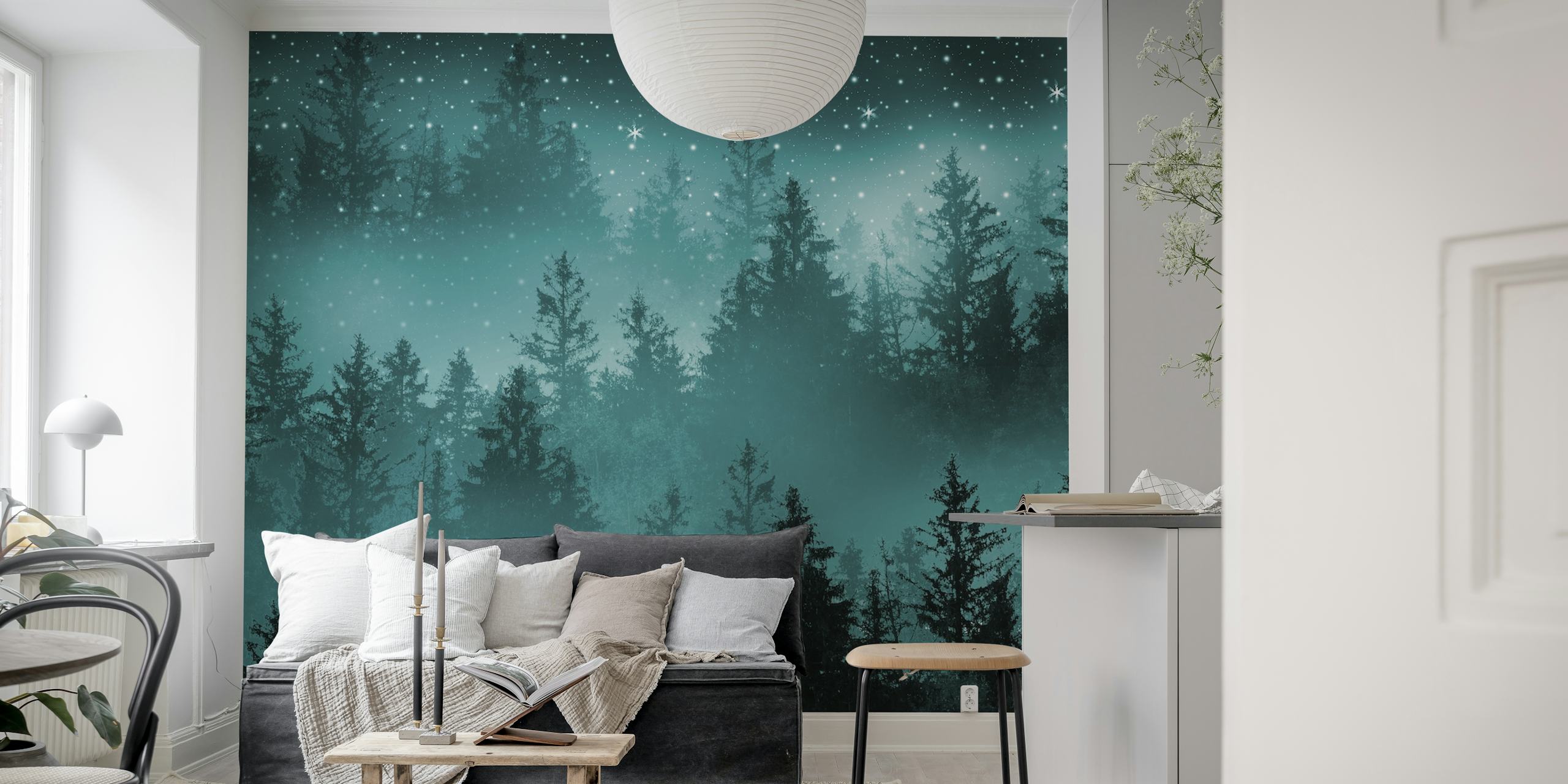 Teal Forest Galaxy Dream tapet i ett rum