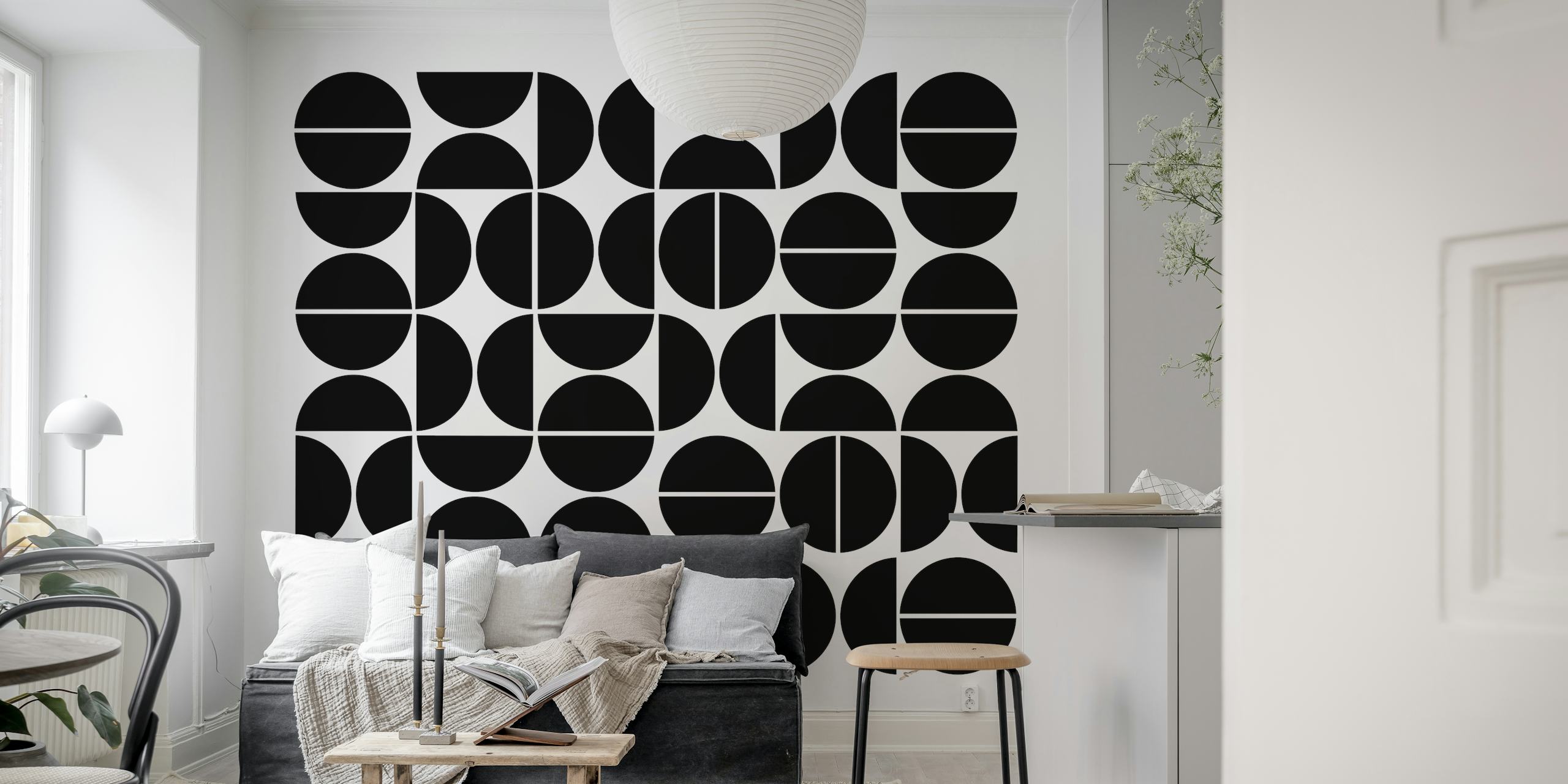 Black and white geometric pattern featuring circles and semi-circles wallpaper