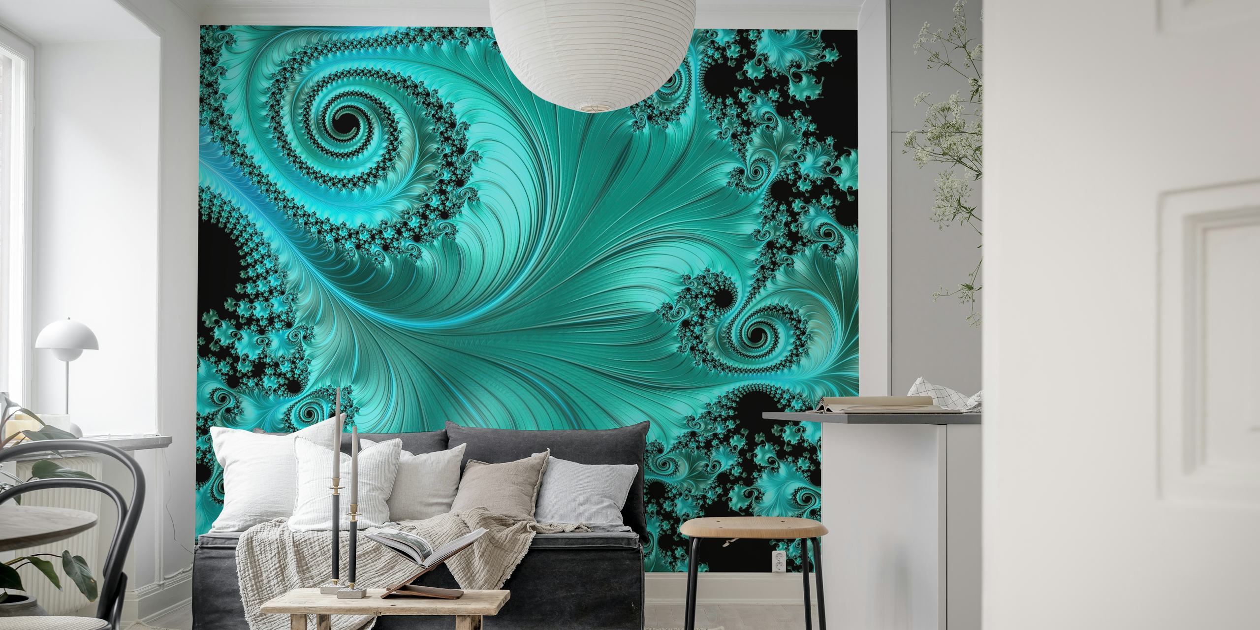 Turquoise swirling fractal pattern on black background wallpaper