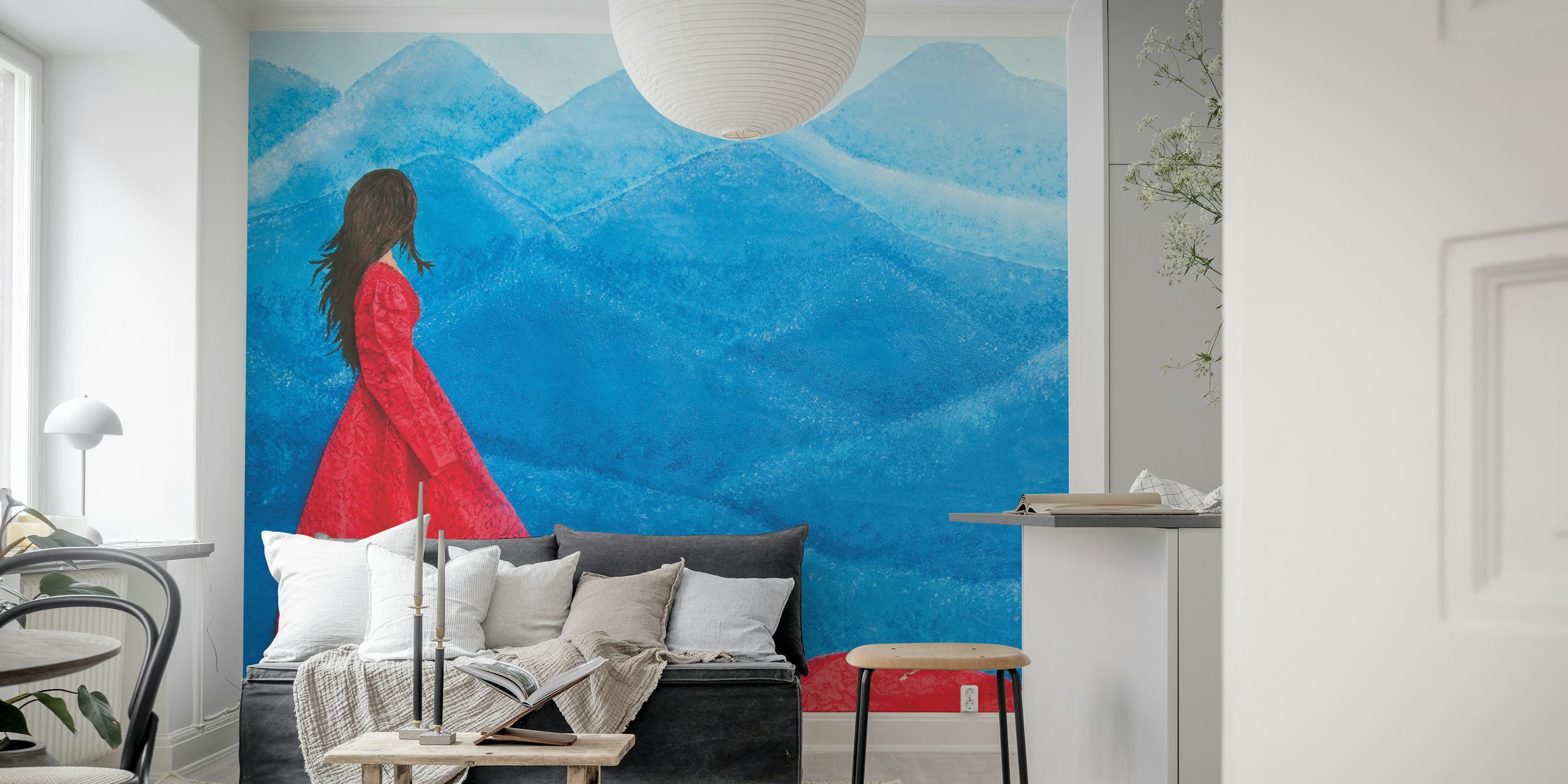 Blue abstract mountain landscape with a figure in a red dress wallpaper