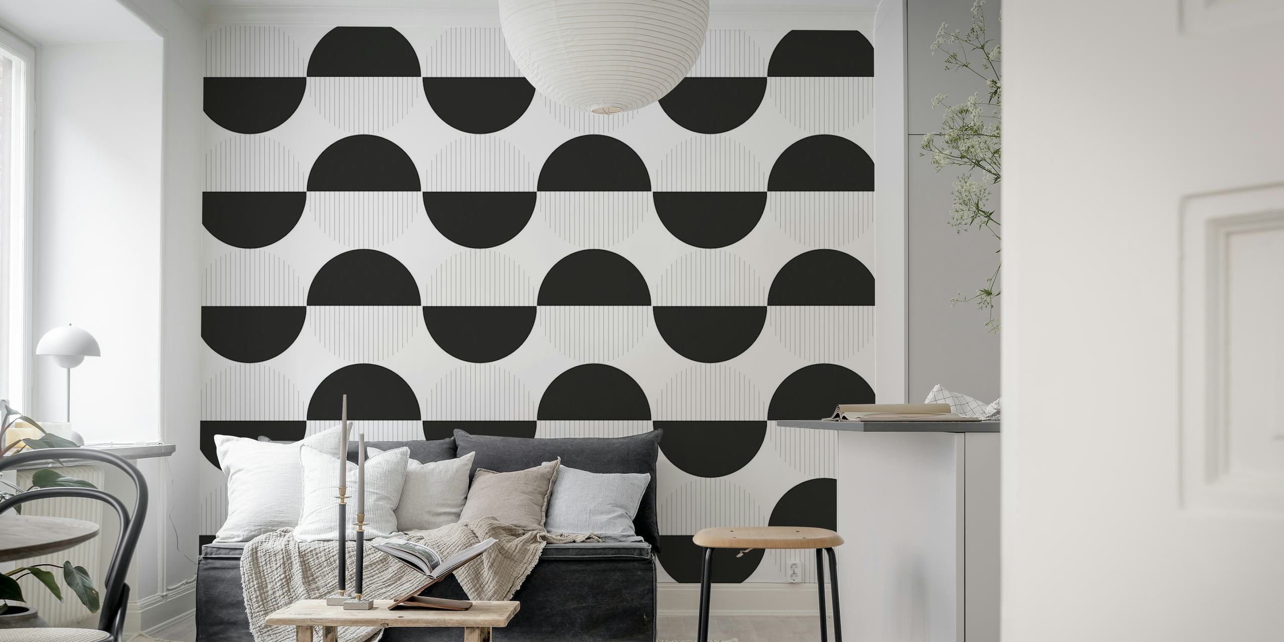 Monochromatic vintage pattern wall mural with curving lines
