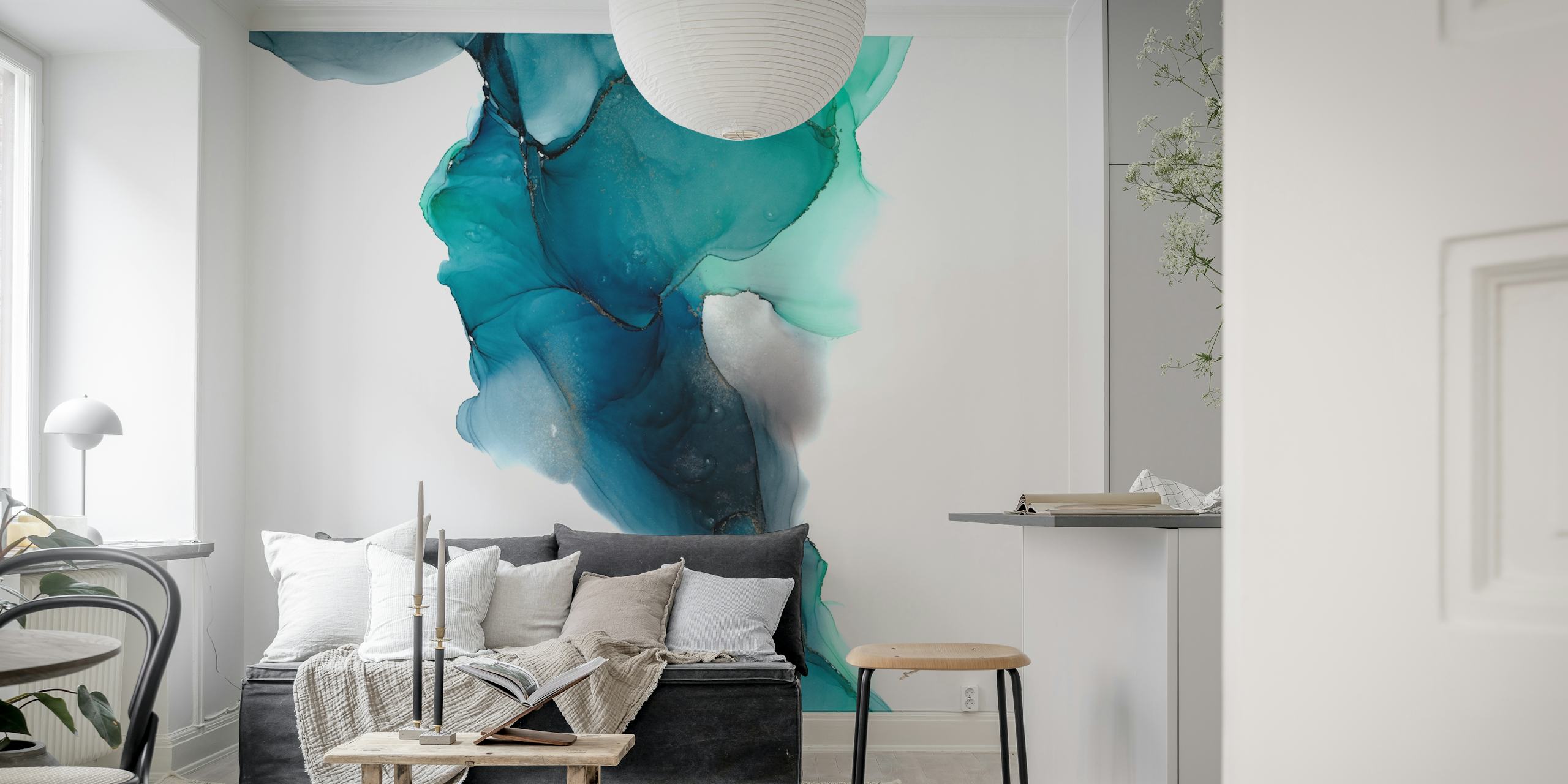 Mural de pared abstracto inspirado en el océano con colores fluidos turquesa y verde