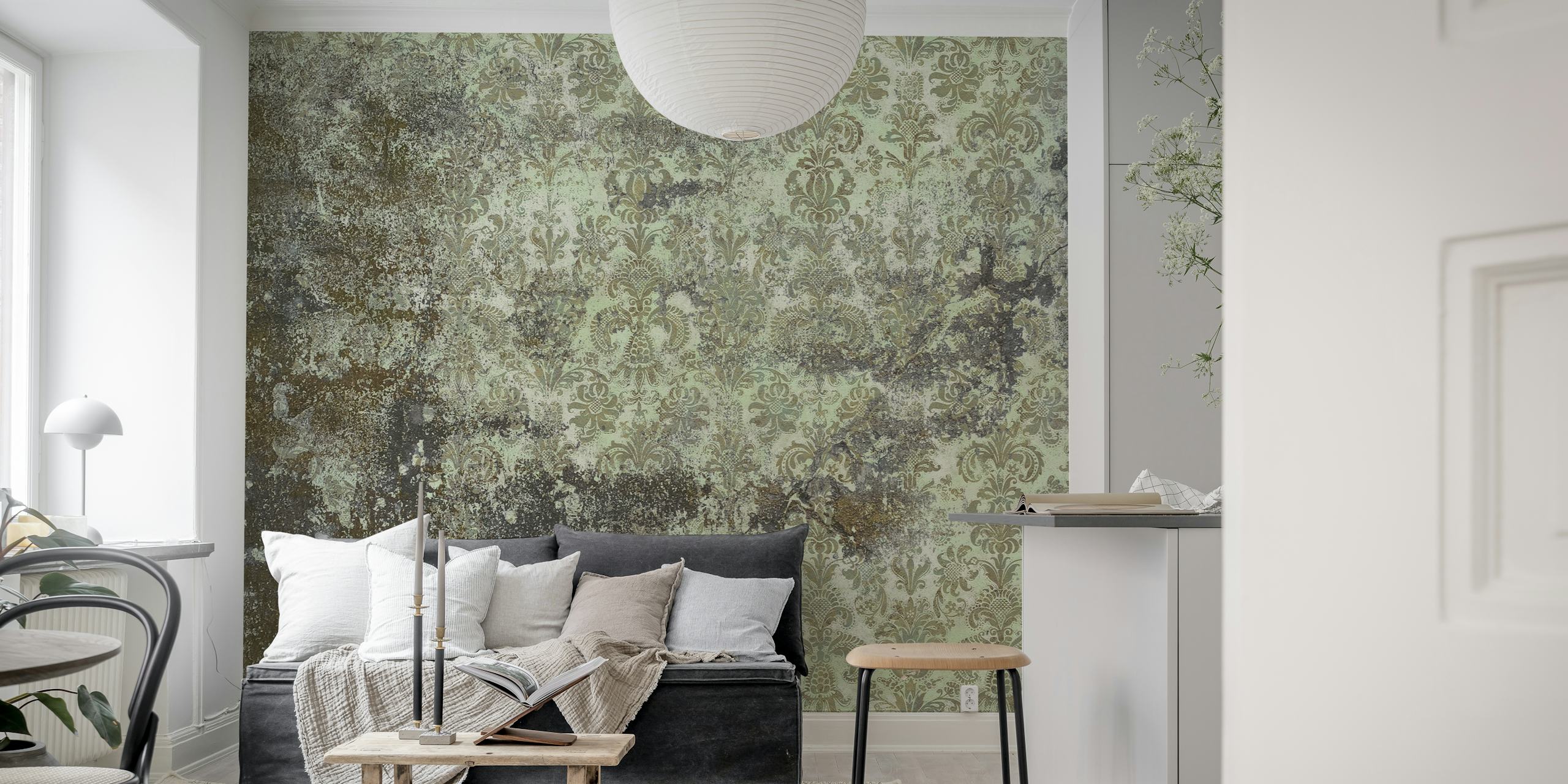 Grunge damask pattern in sage and olive wallpaper