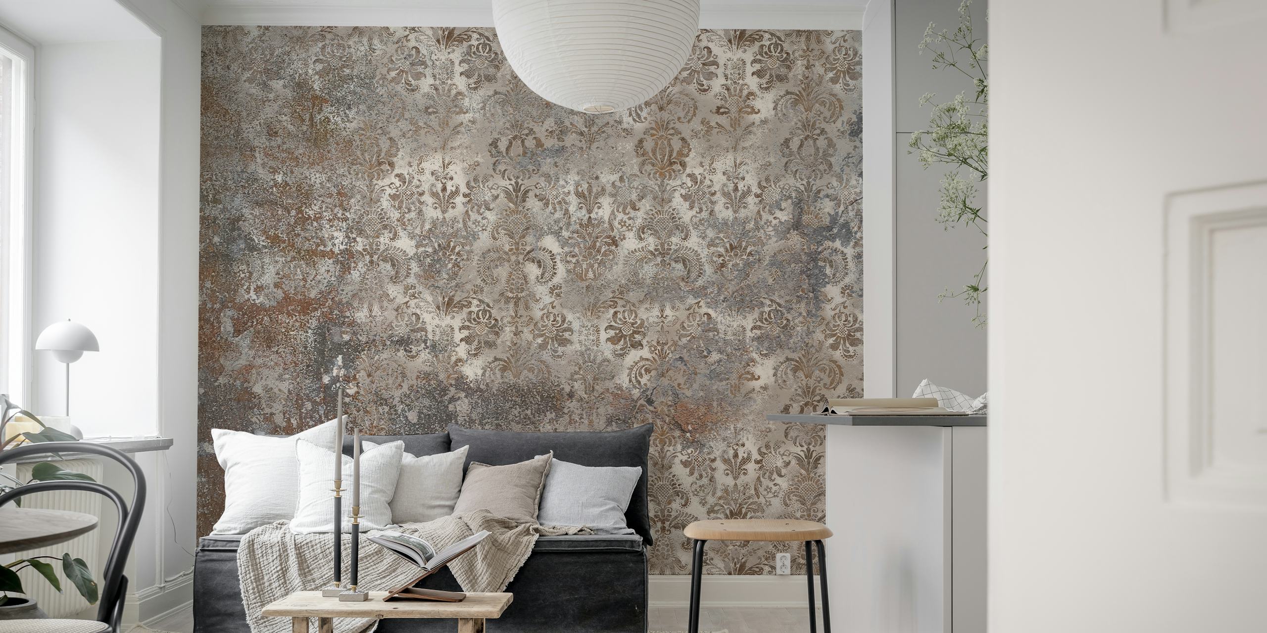 Grunge-tyylinen harmaa rustiikkinen damask-kuvioinen seinämaalaus