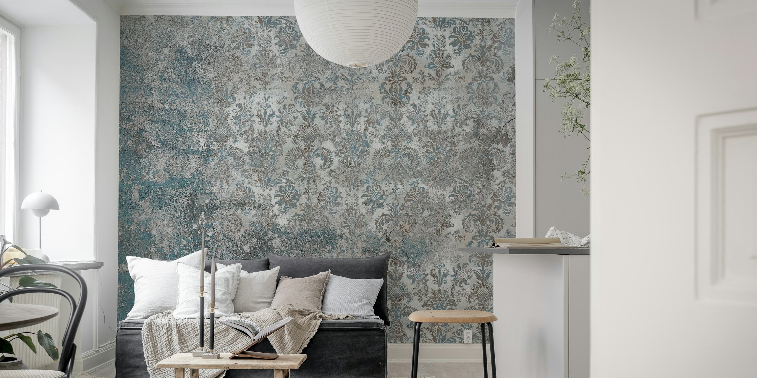 Grunge Damask Wall Taupe Blue tapet i ett rum