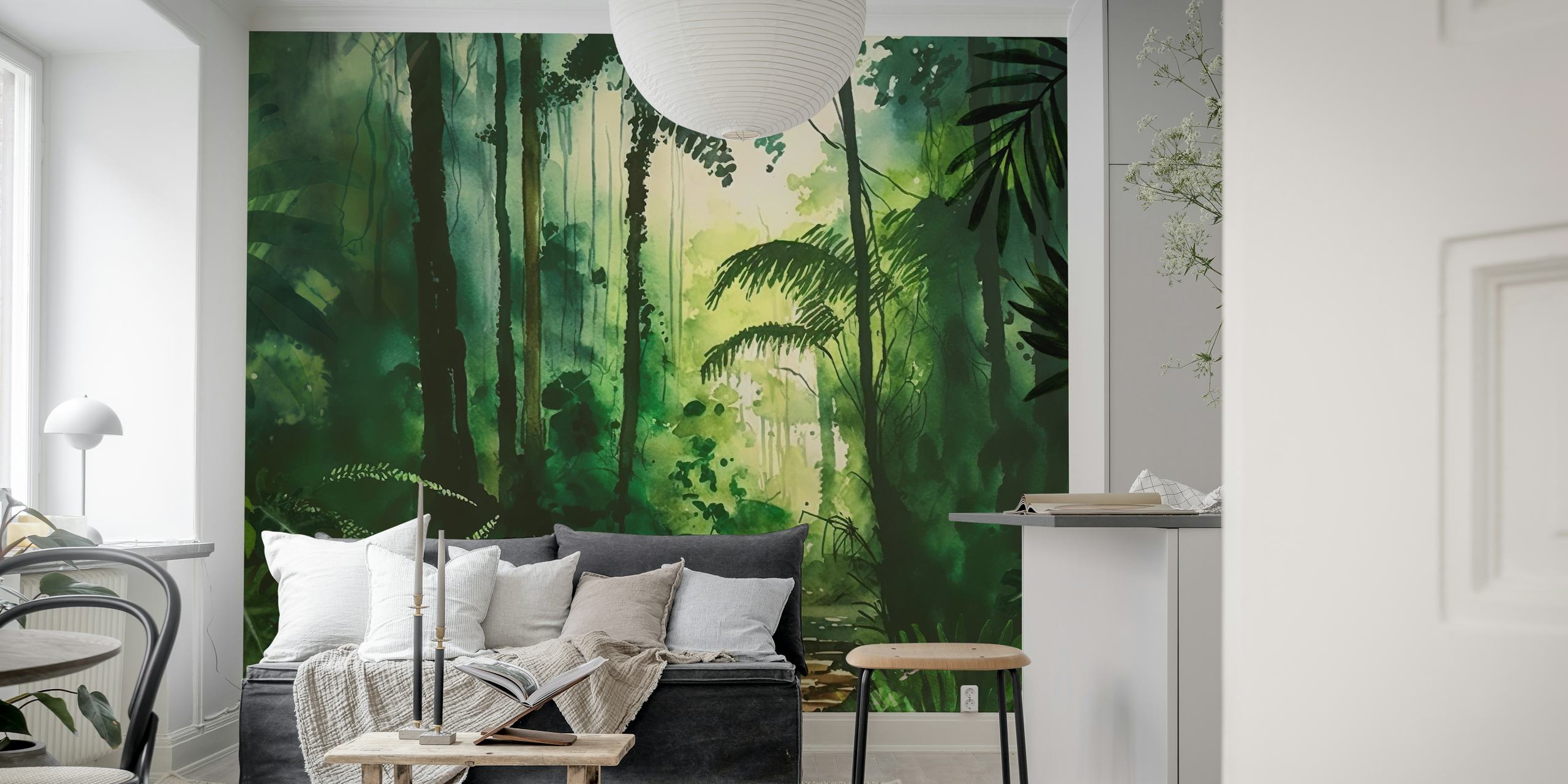 Tropical Jungle Watercolor carta da parati in una stanza