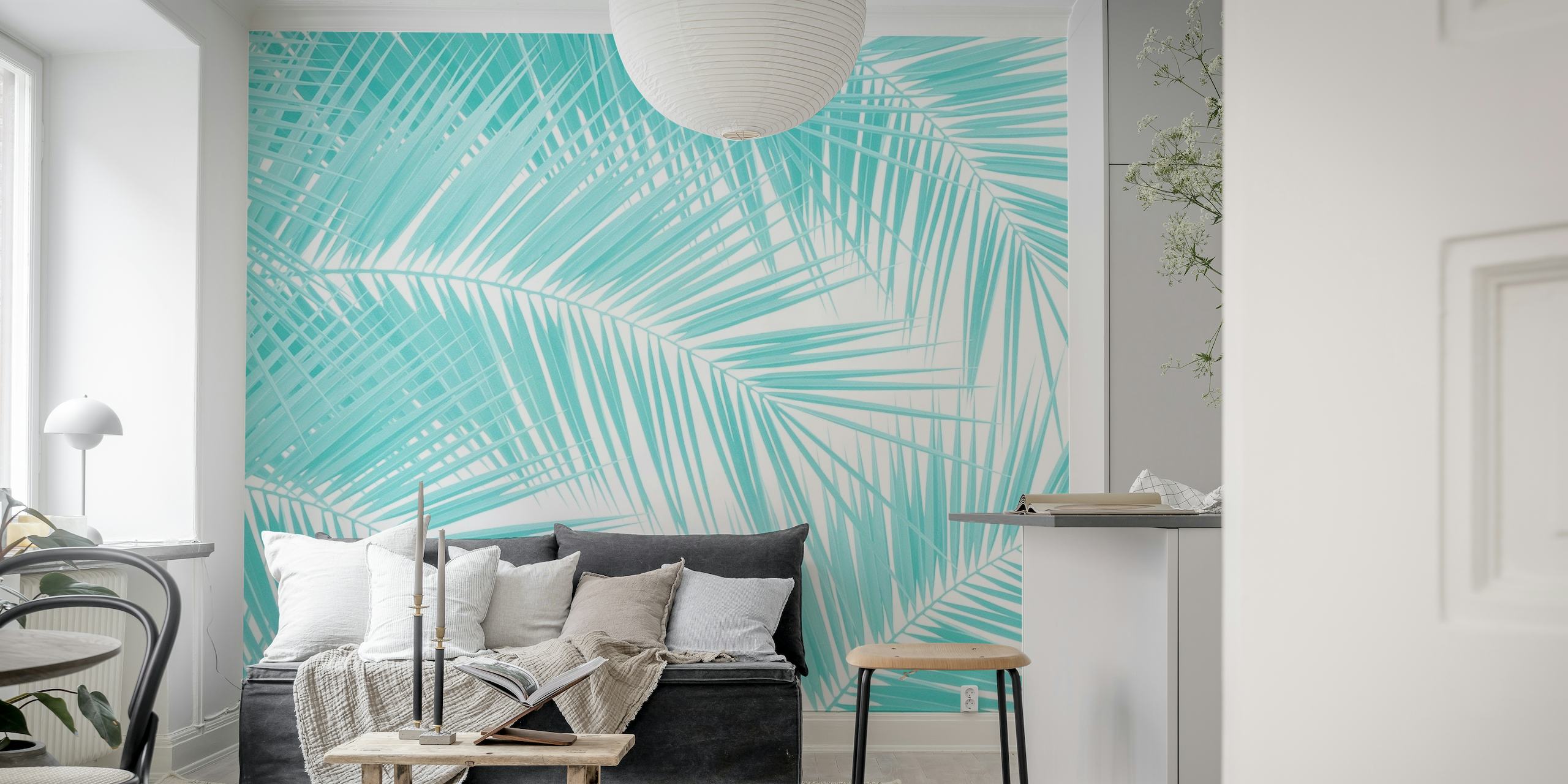 Soft Turquoise Palm Leaves 1a papel de parede