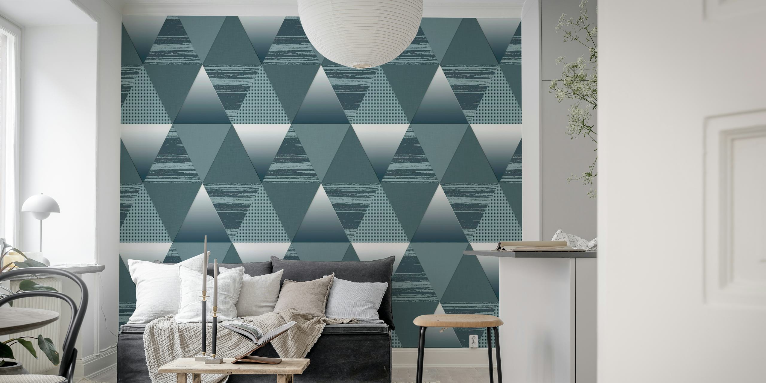 Geometric pattern wall mural featuring triangles in slate grey and white