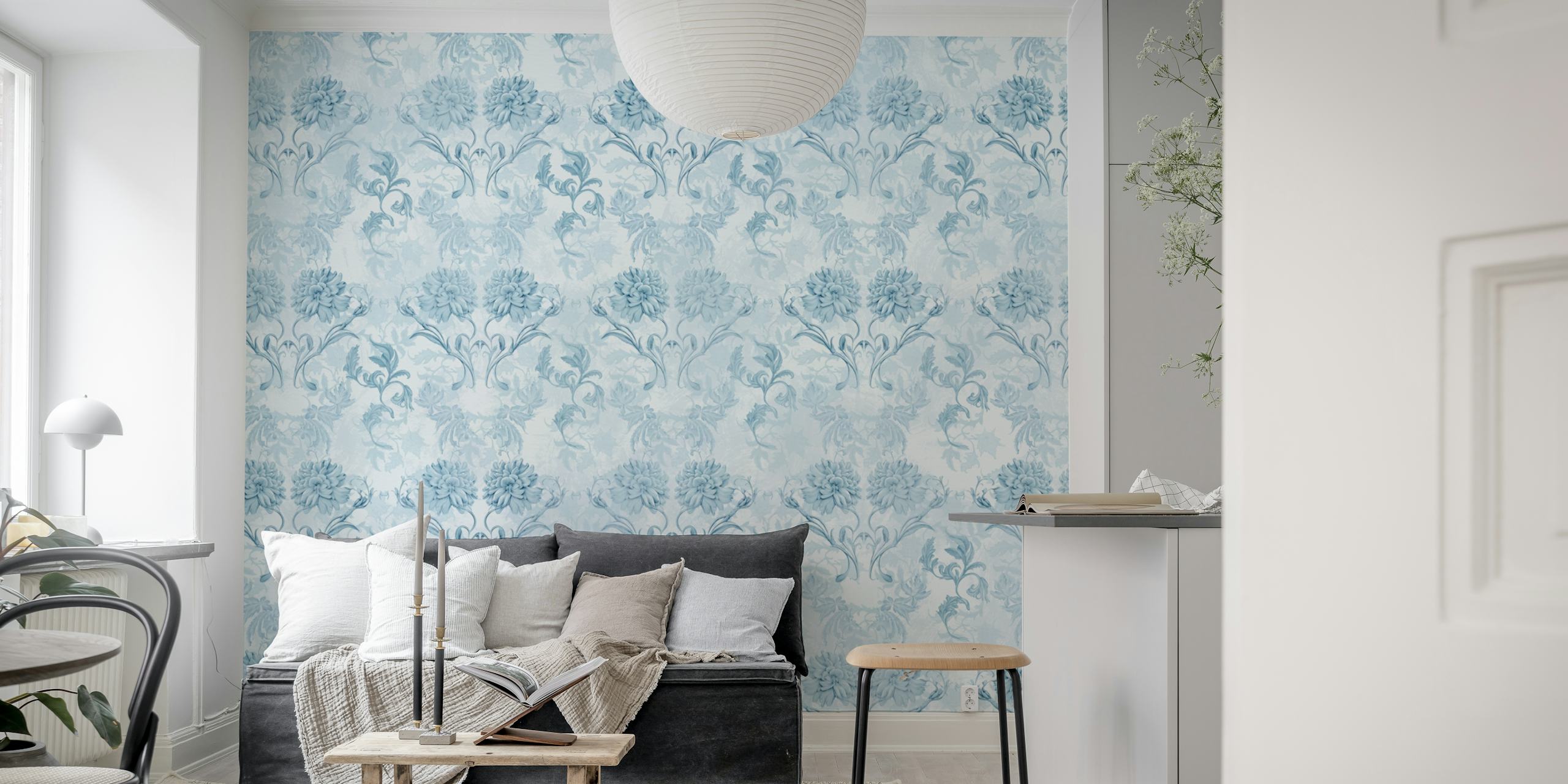 Vintage floral blue wallpaper featuring intricate blue floral patterns on a light background