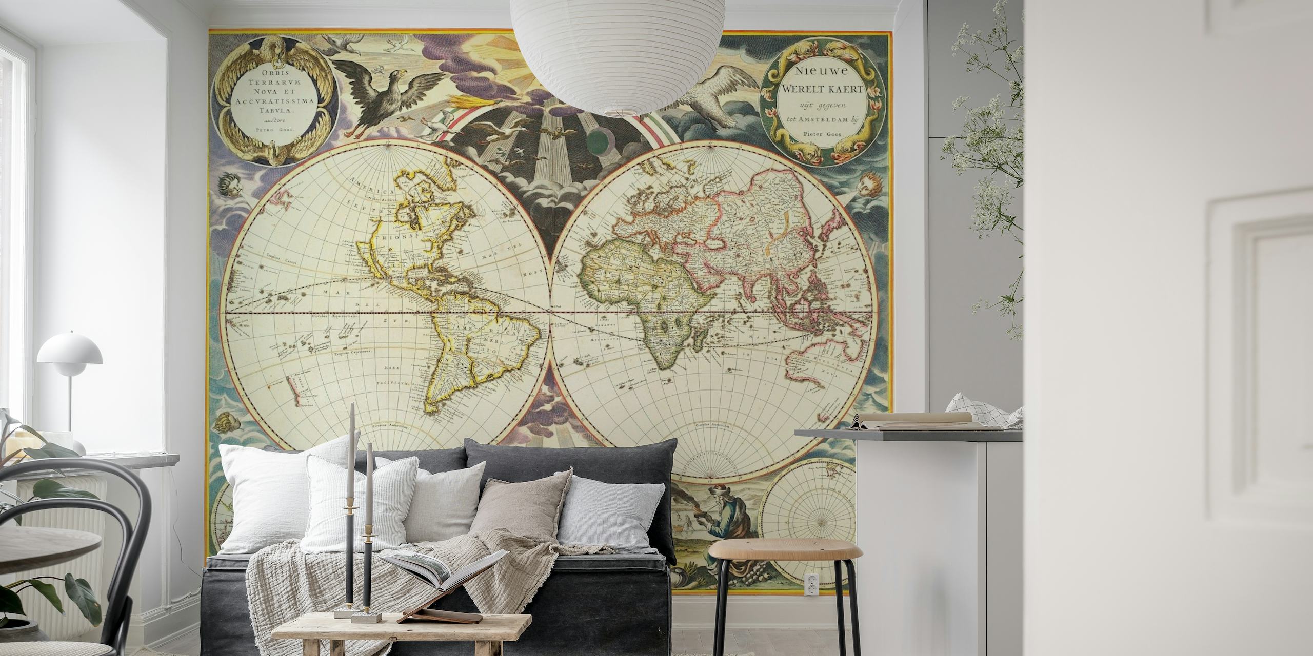 Antieke wereldkaart muurschildering met vintage dubbel halfrond ontwerp en decoratieve elementen