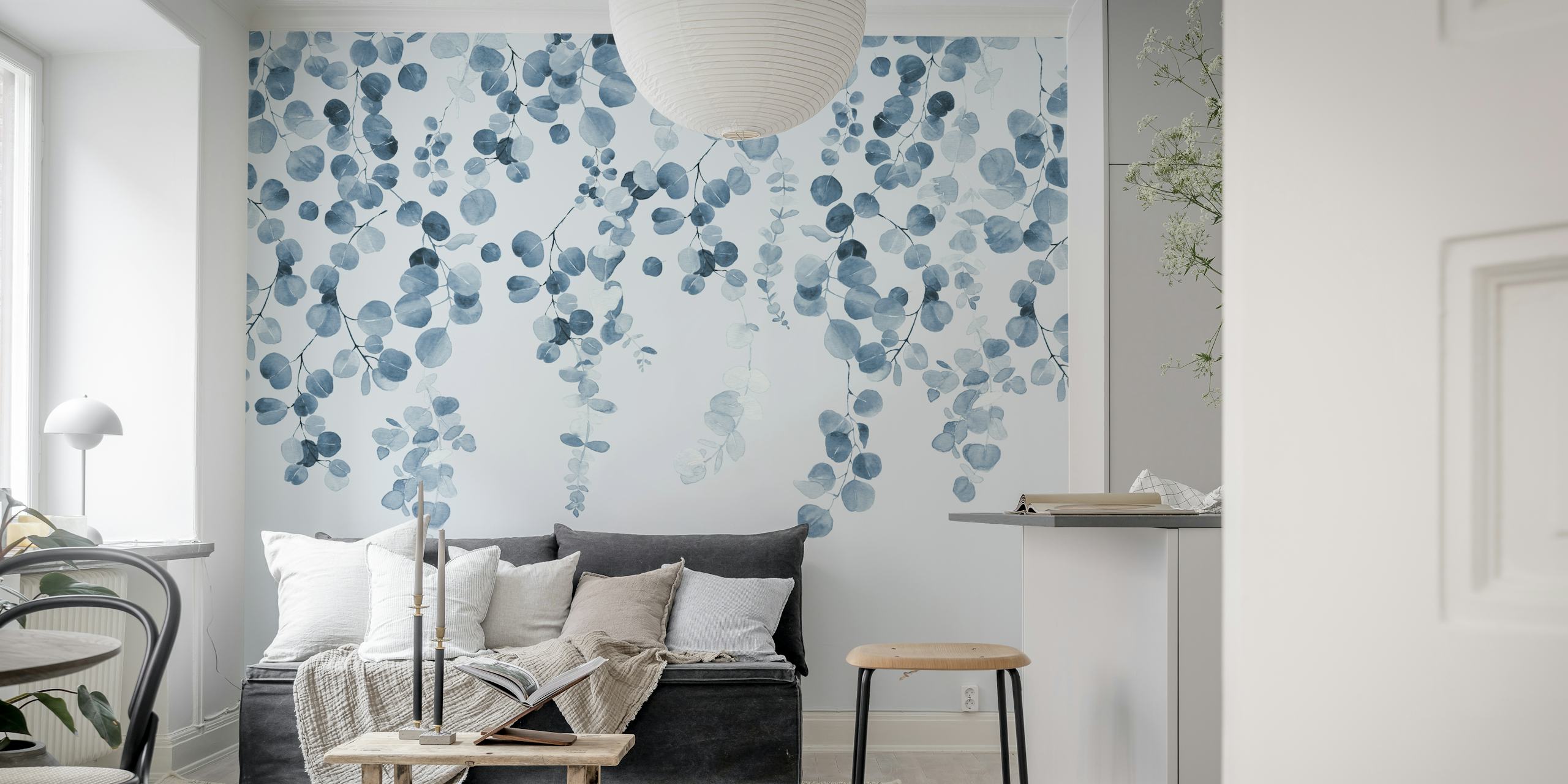 Elegant blå botanisk tapet med fridfulla naturmönster