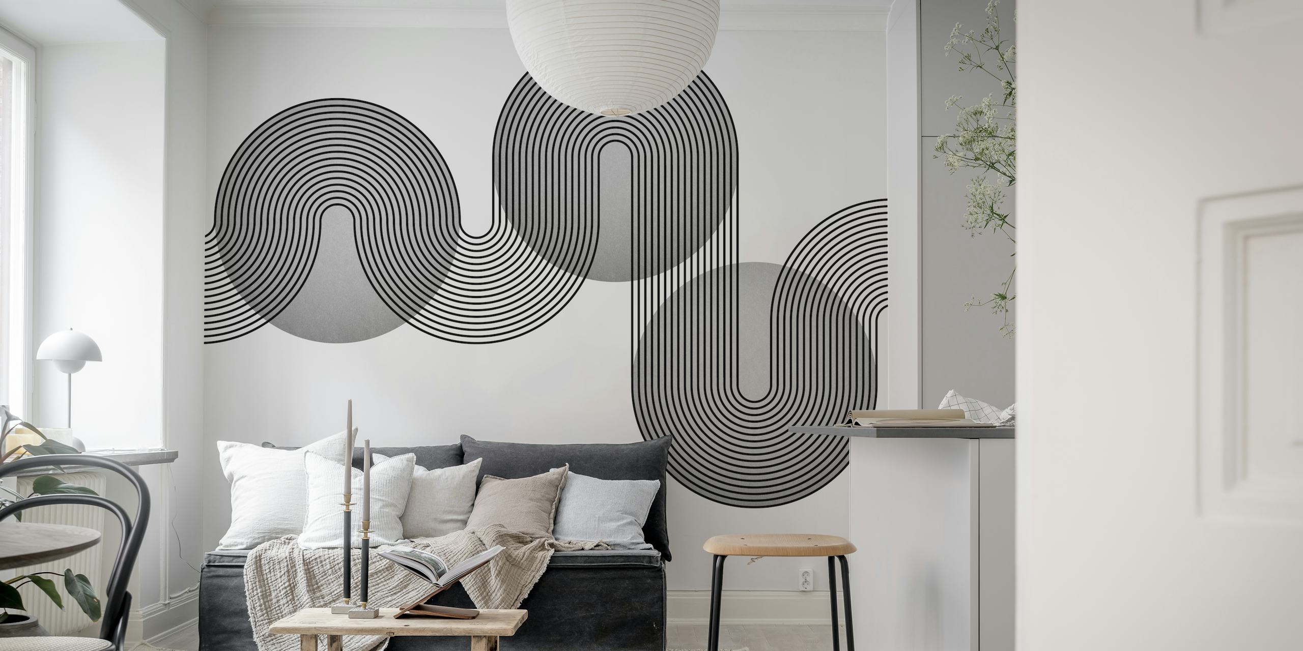 Schwarz-weiße geometrische Tapete mit geschwungenen Linien und Kreisen