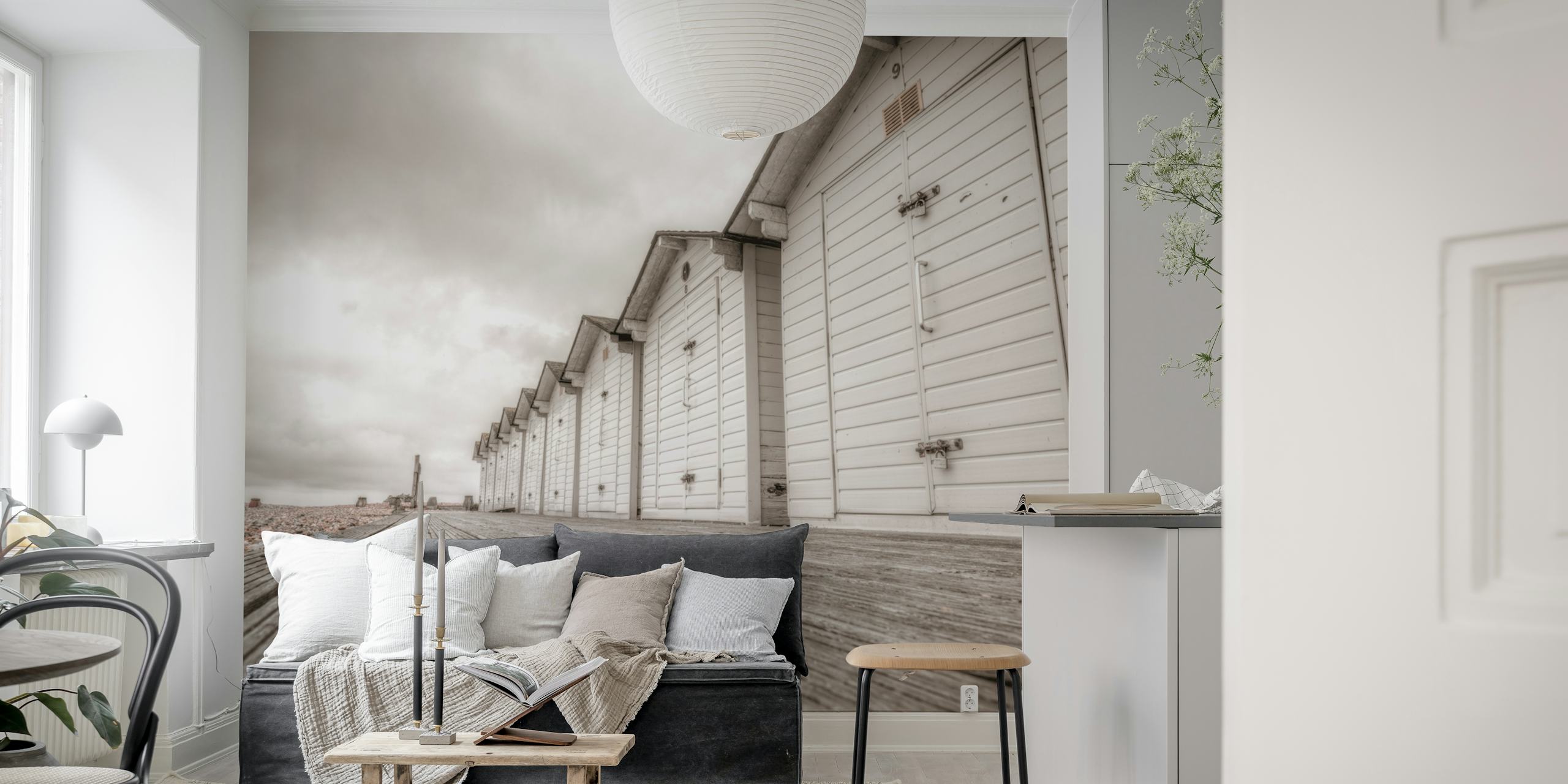 Monochrome beach huts wall mural with wooden boardwalk