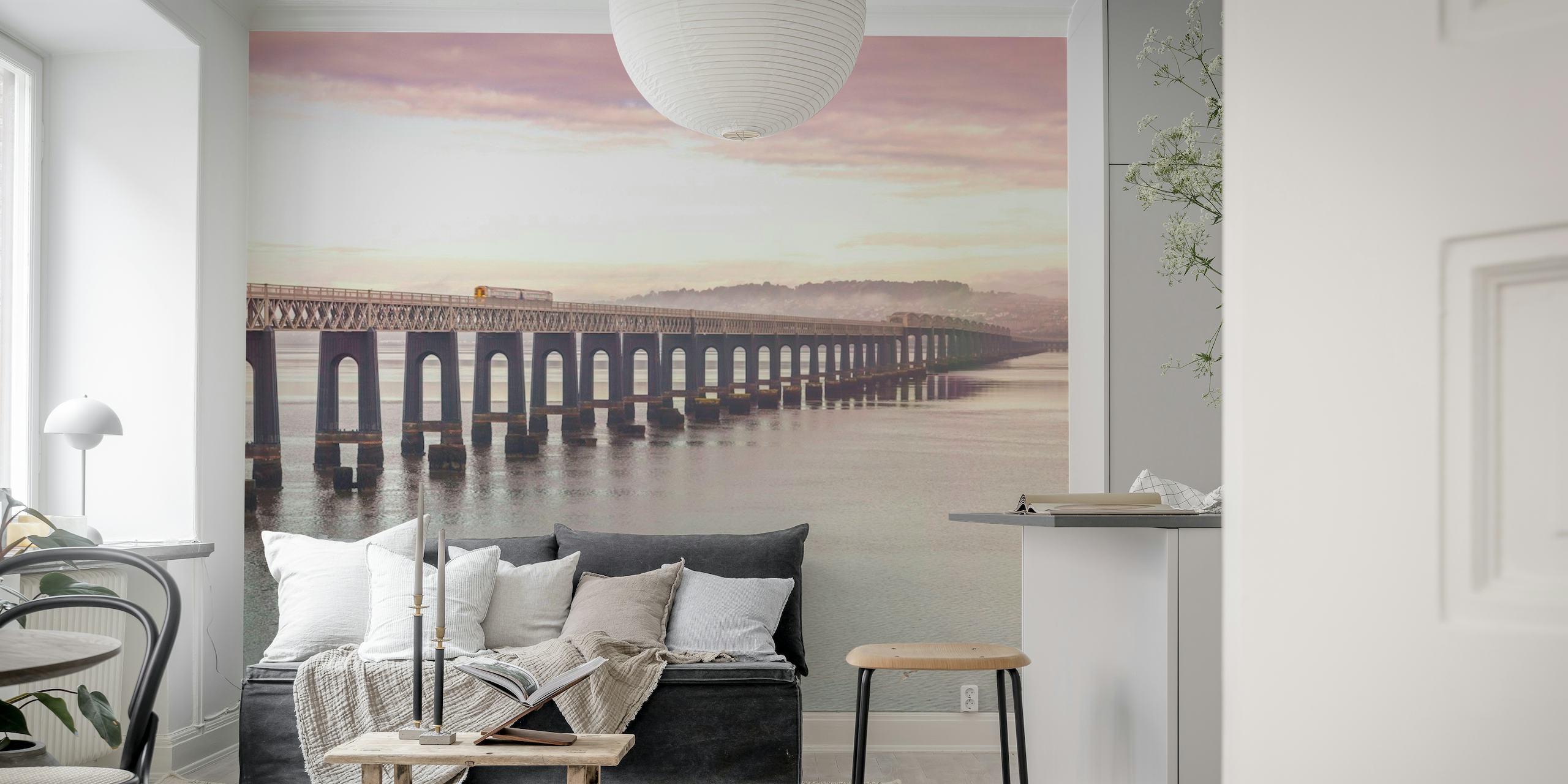 Tay in the Pink wall mural showing a bridge over calm waters at dawn with pink sky