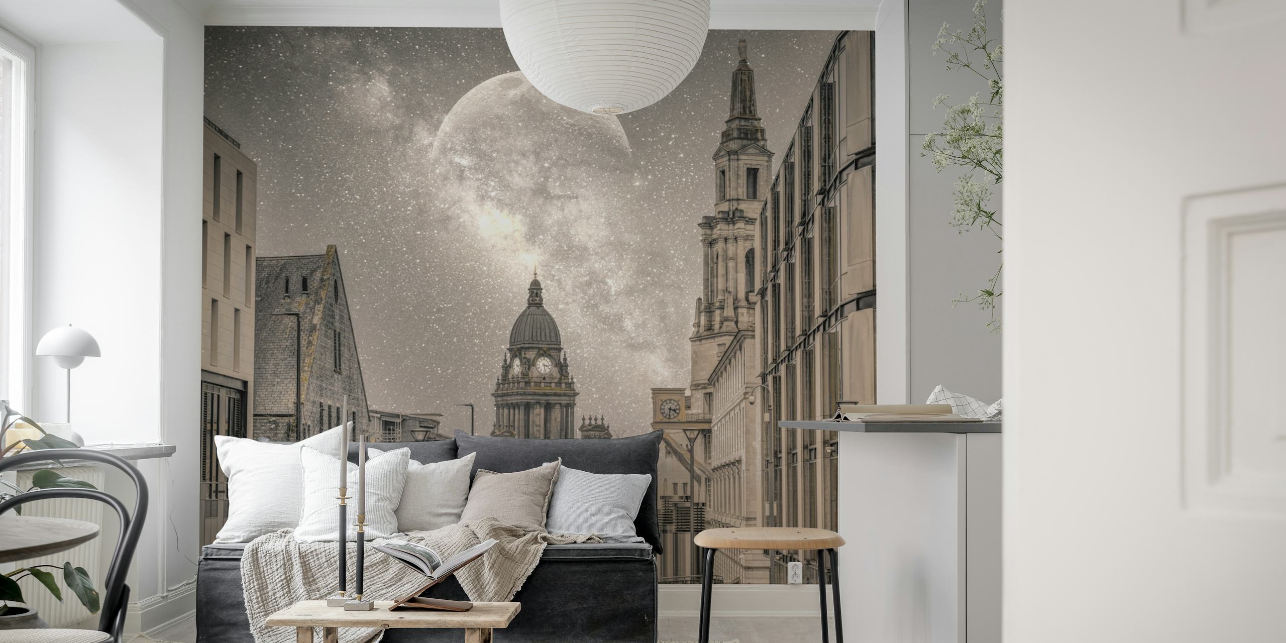 Vintage sepia cityscape with full moon Leeds Starry Night wall mural