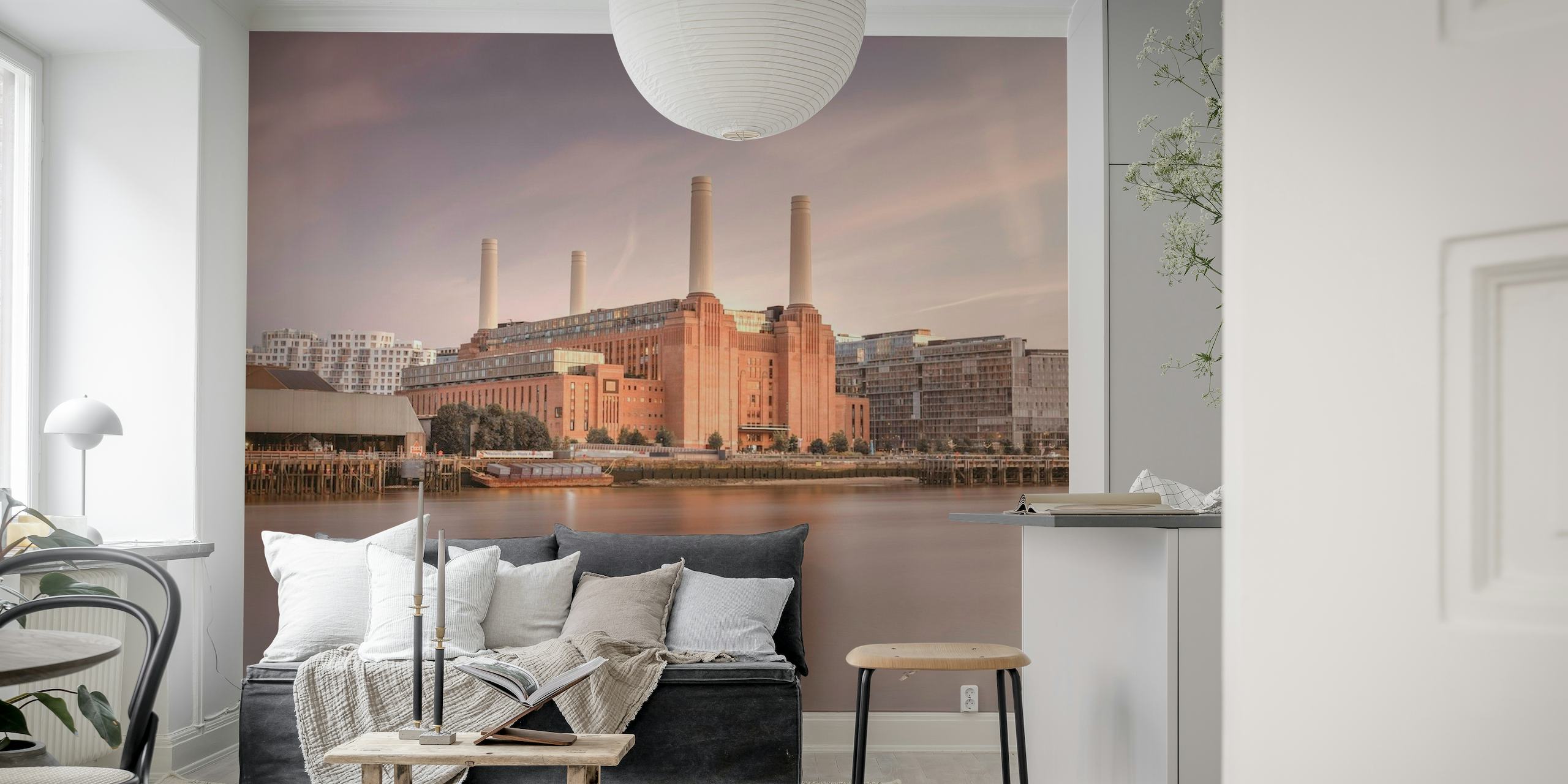 Battersea Power Station wall mural with pastel sky reflected on the Thames