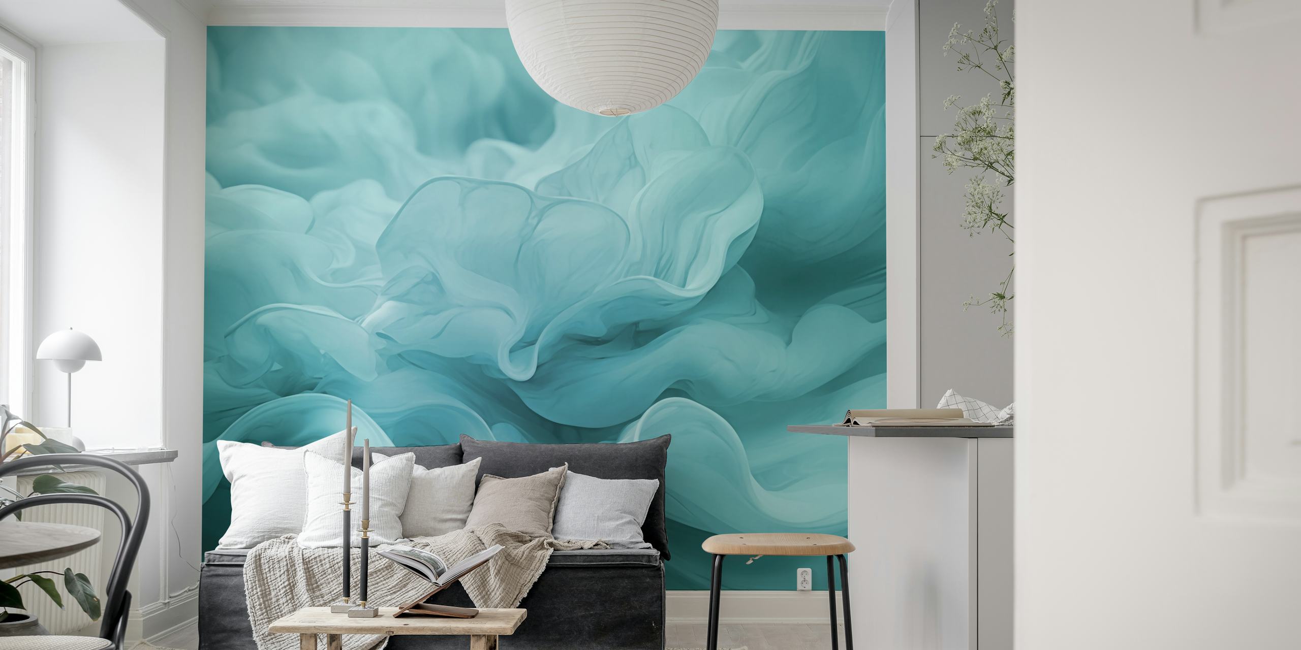Ethereal Fluid Dreams Pastel Turquoise papel pintado en una habitación