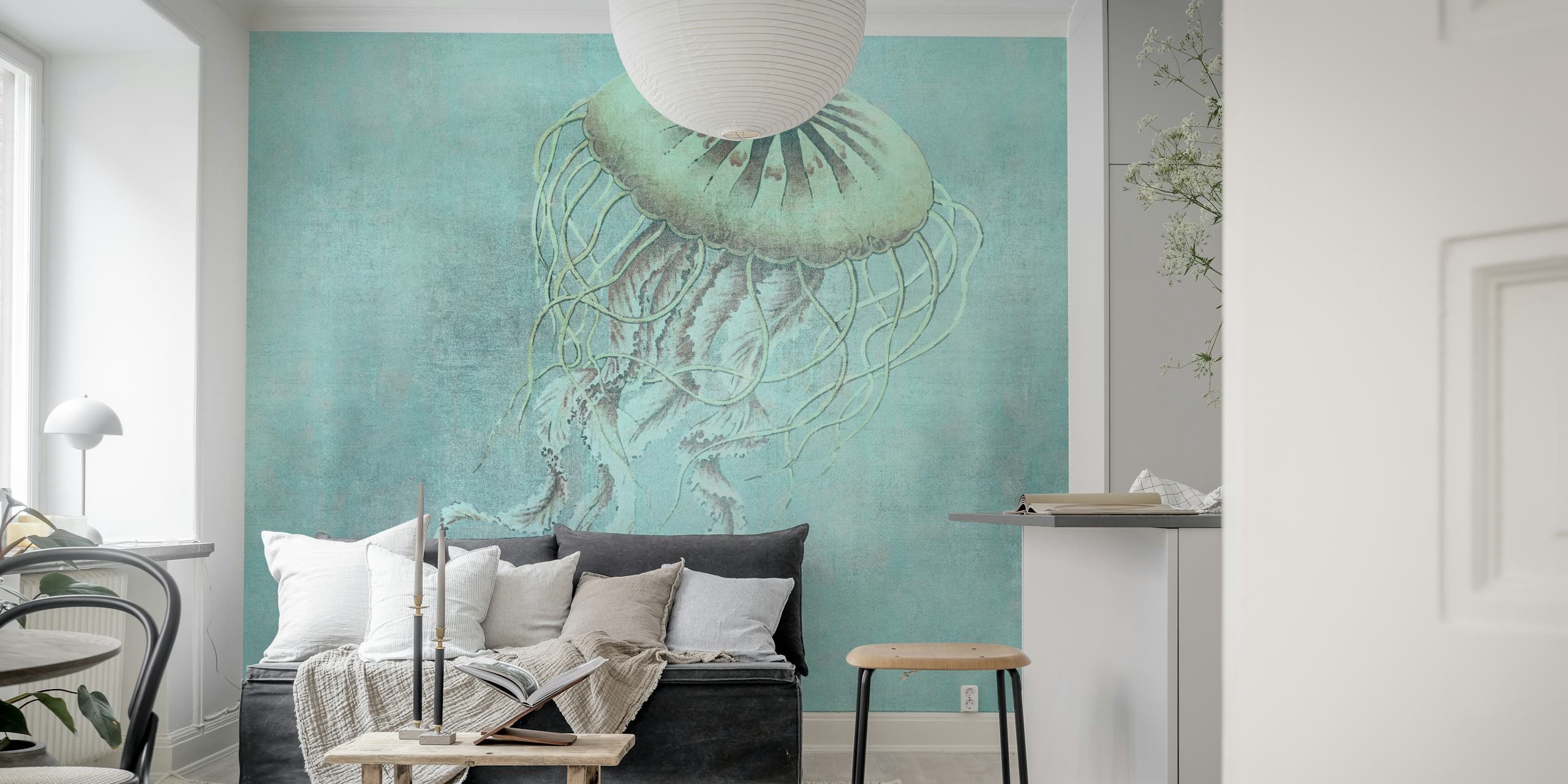 Turquoise jellyfish wallpaper displayed in a room
