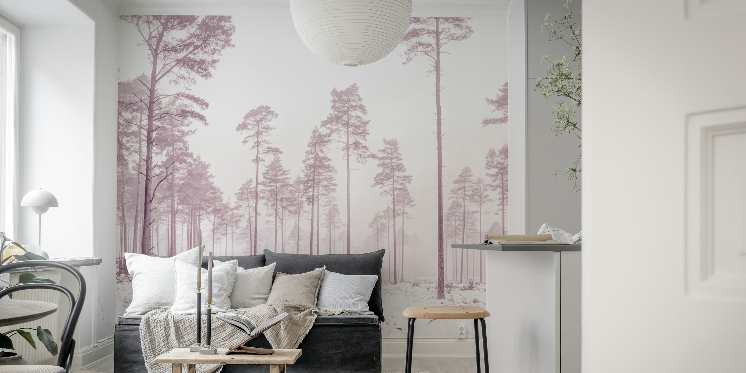 Winter-themed wallpaper featuring snow-covered trees.