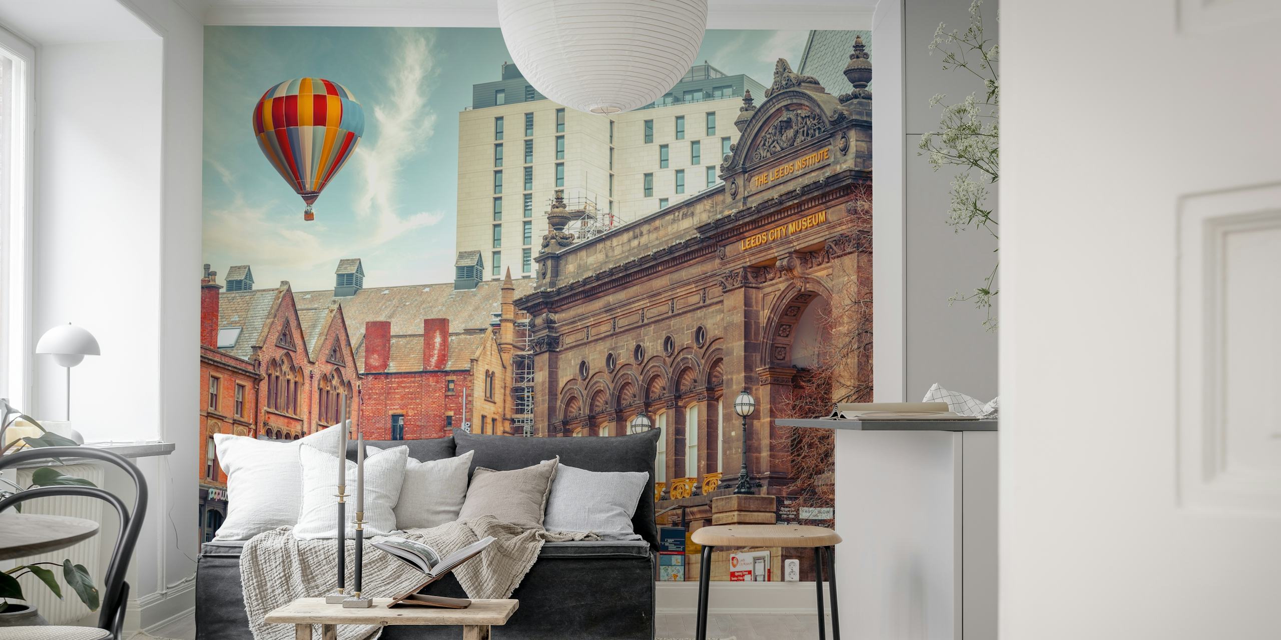 Hot air balloon over urban Leeds wallpaper