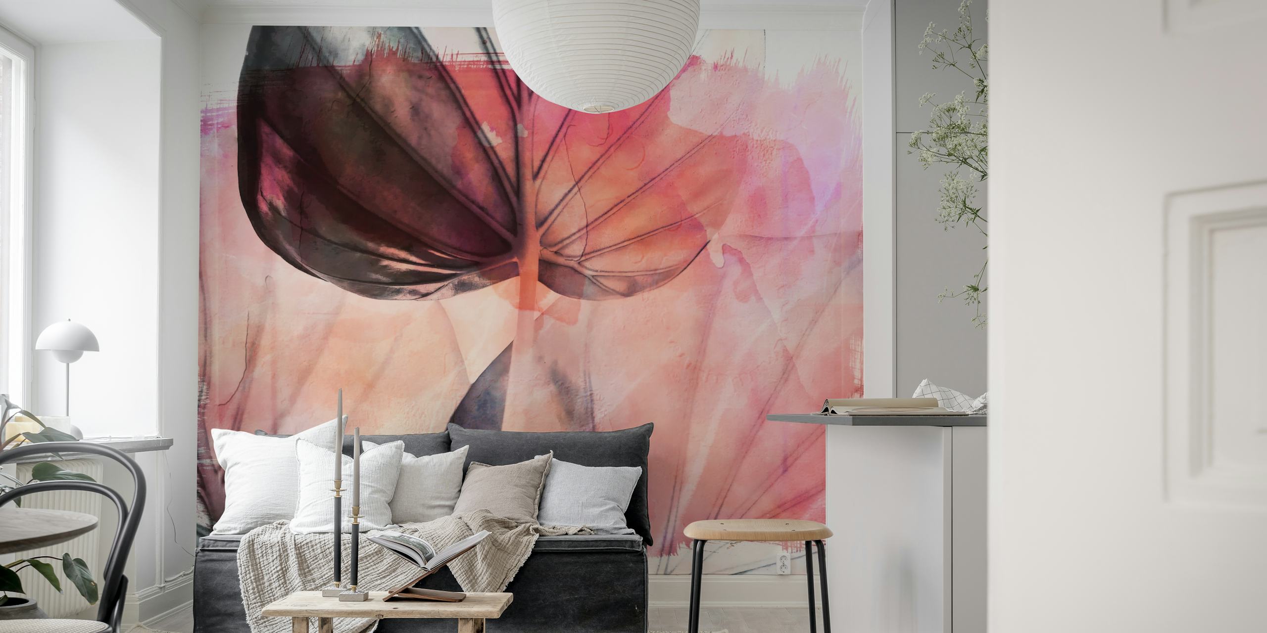 Coral Japandi Leaves wallpaper in a room