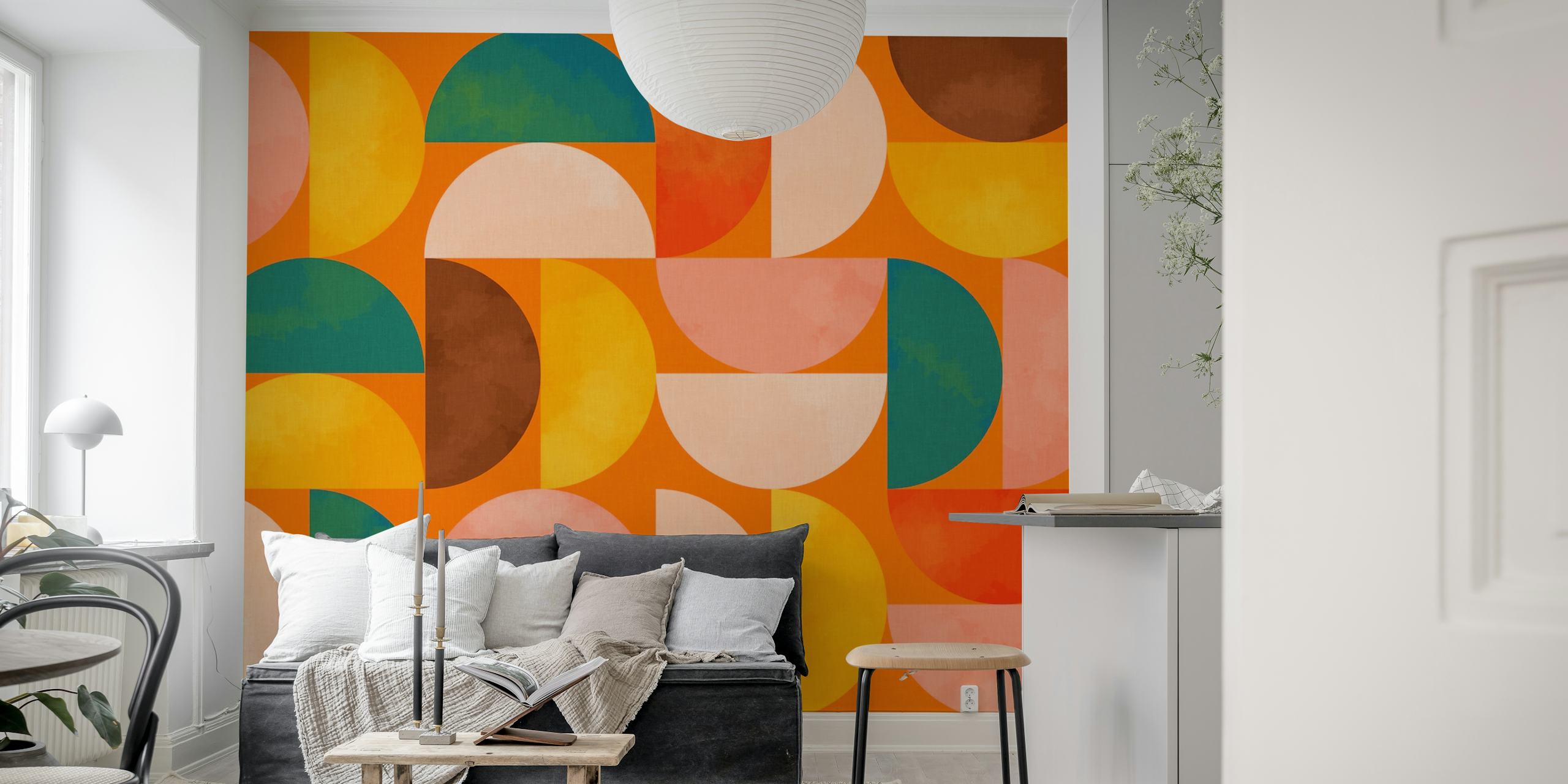 Moderní geometrická nástěnná malba z poloviny století v odstínech oranžové, modrozelené a hnědé