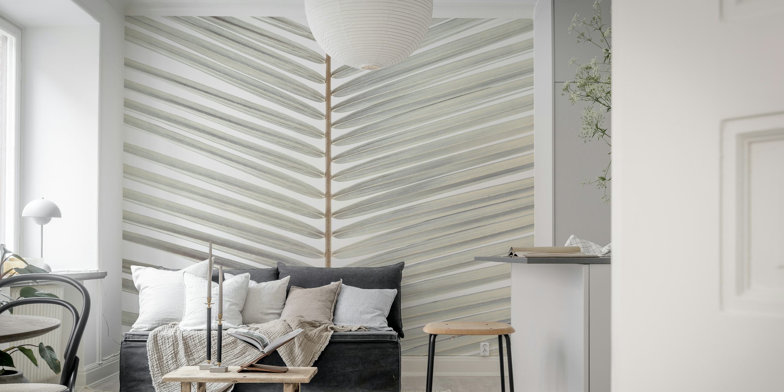 Papier peint mural à motif de feuilles subtil avec un doux contraste d'ombre et de lumière, accentuant un thème apaisant de la nature