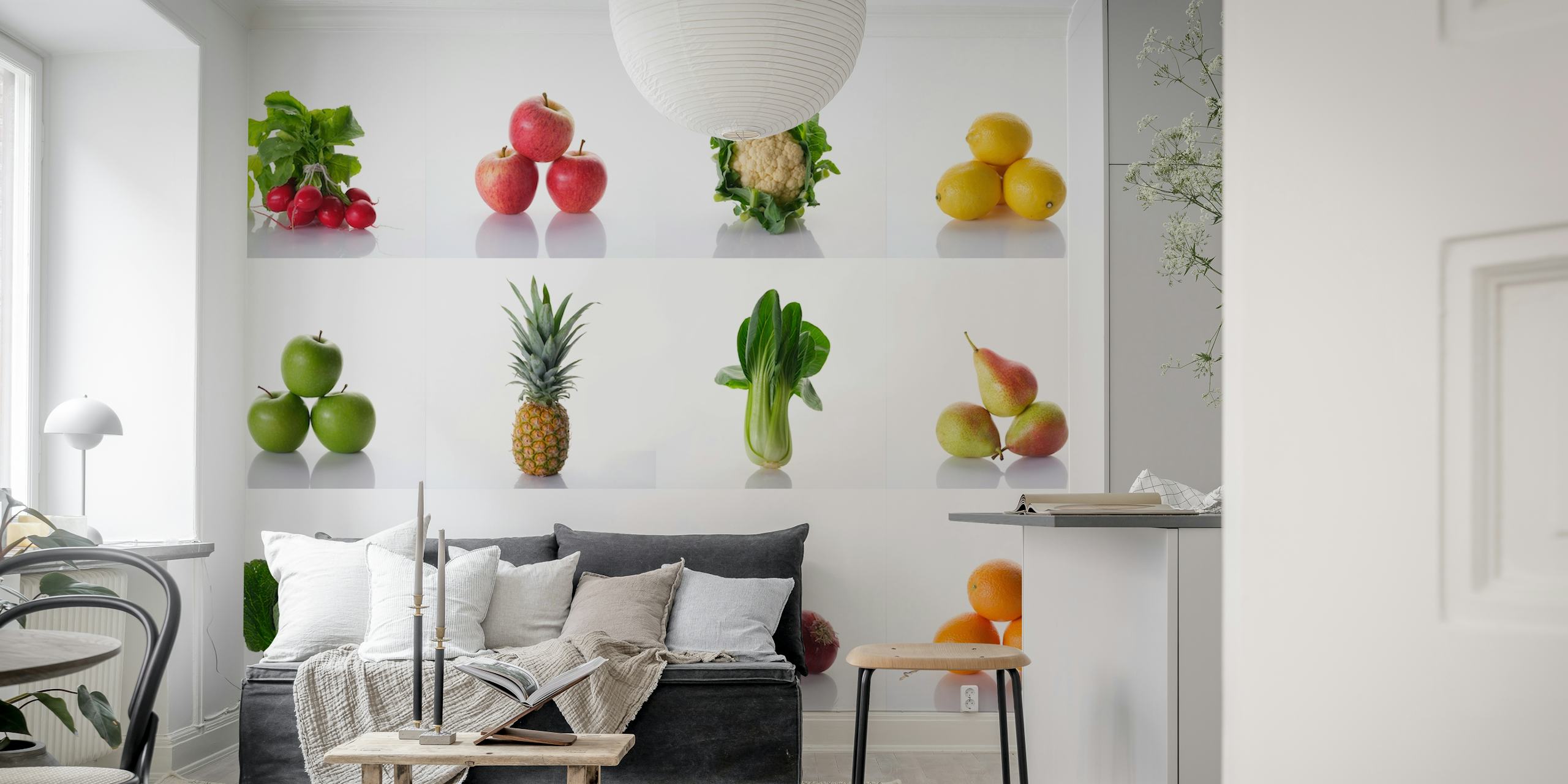 Assortment of fresh vegetables and fruits on a white background wall mural