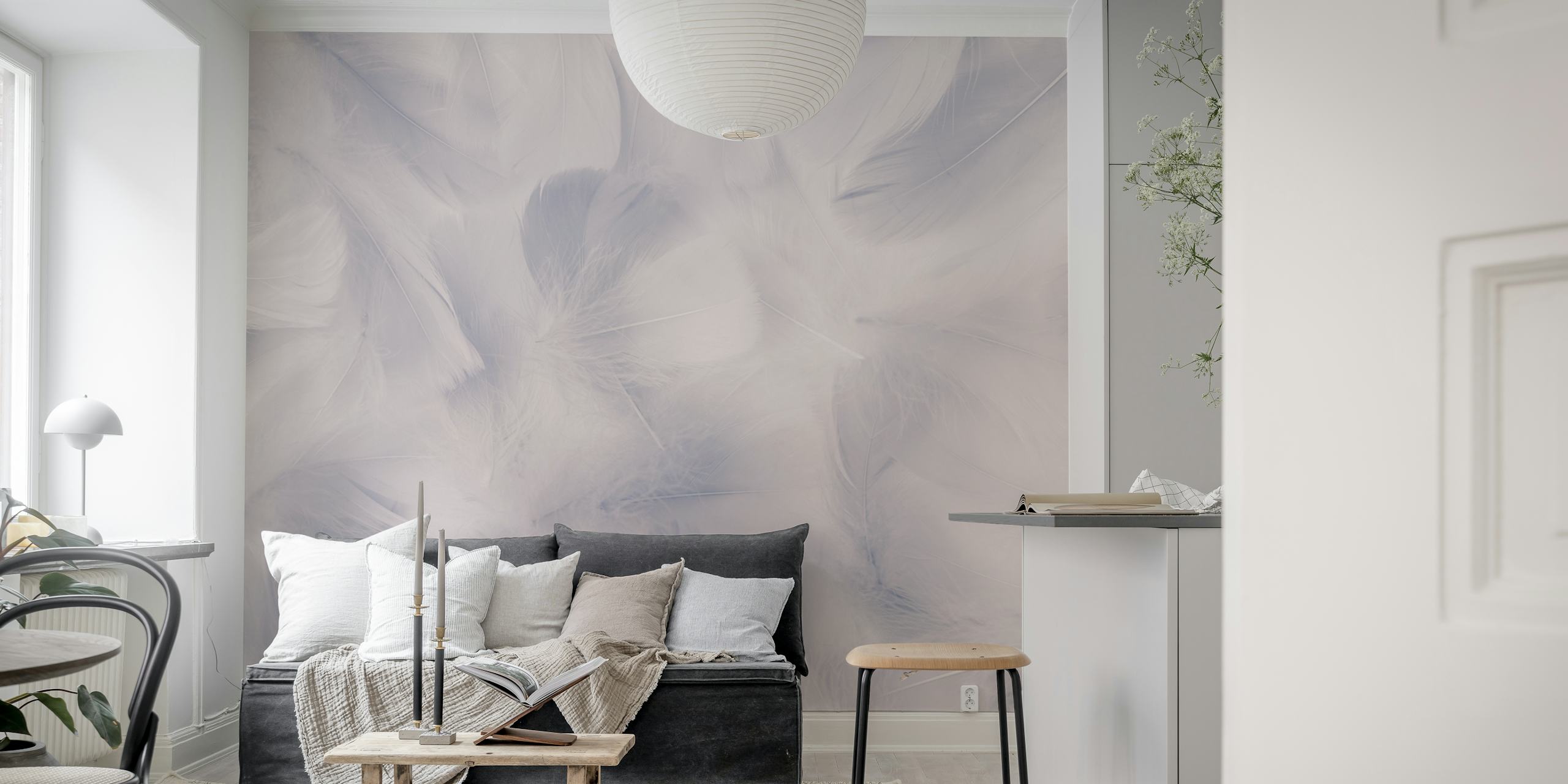 White feather pattern wallpaper with soft textures