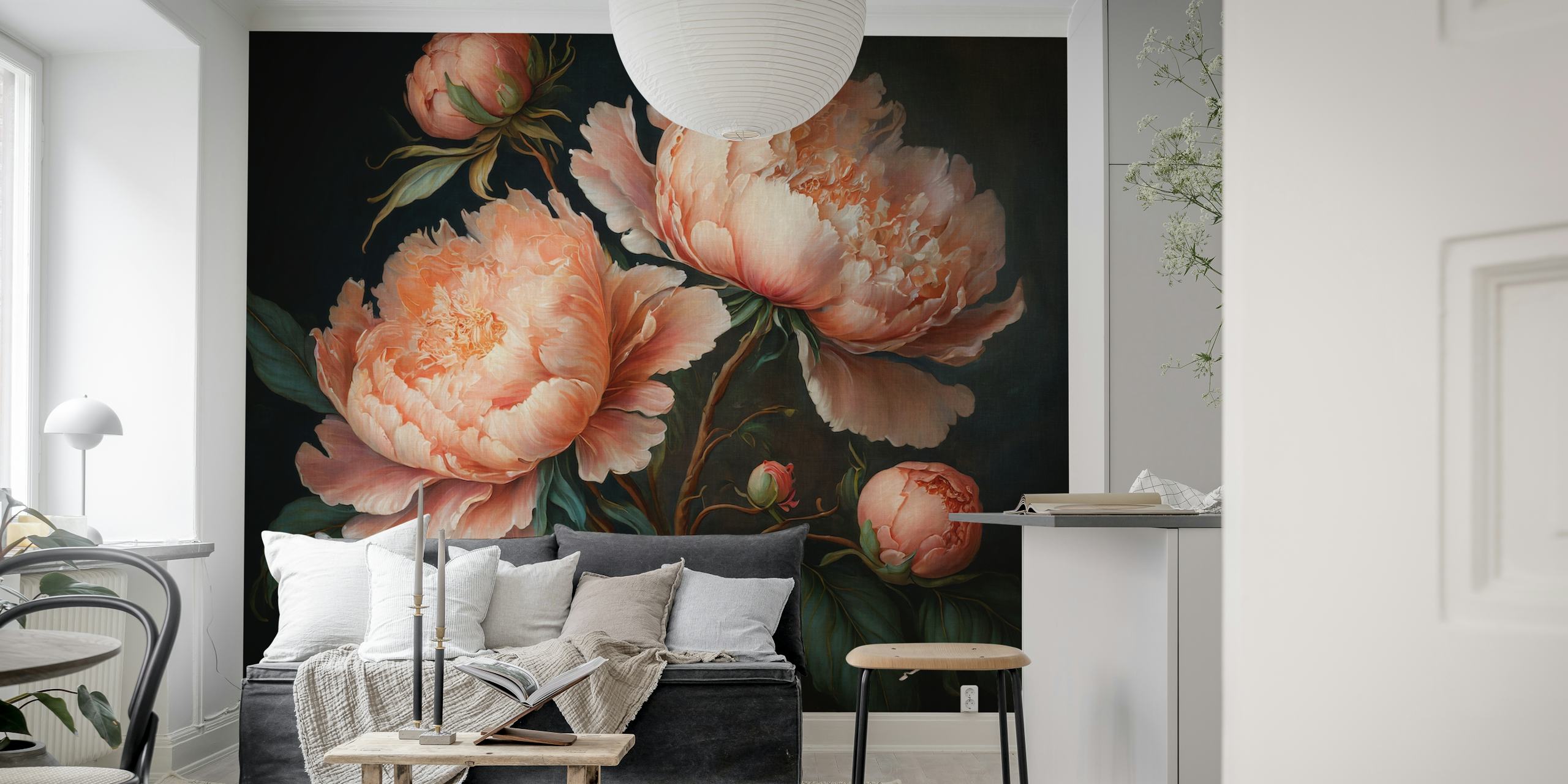 Baroque-style blush peonies with dark background wall mural