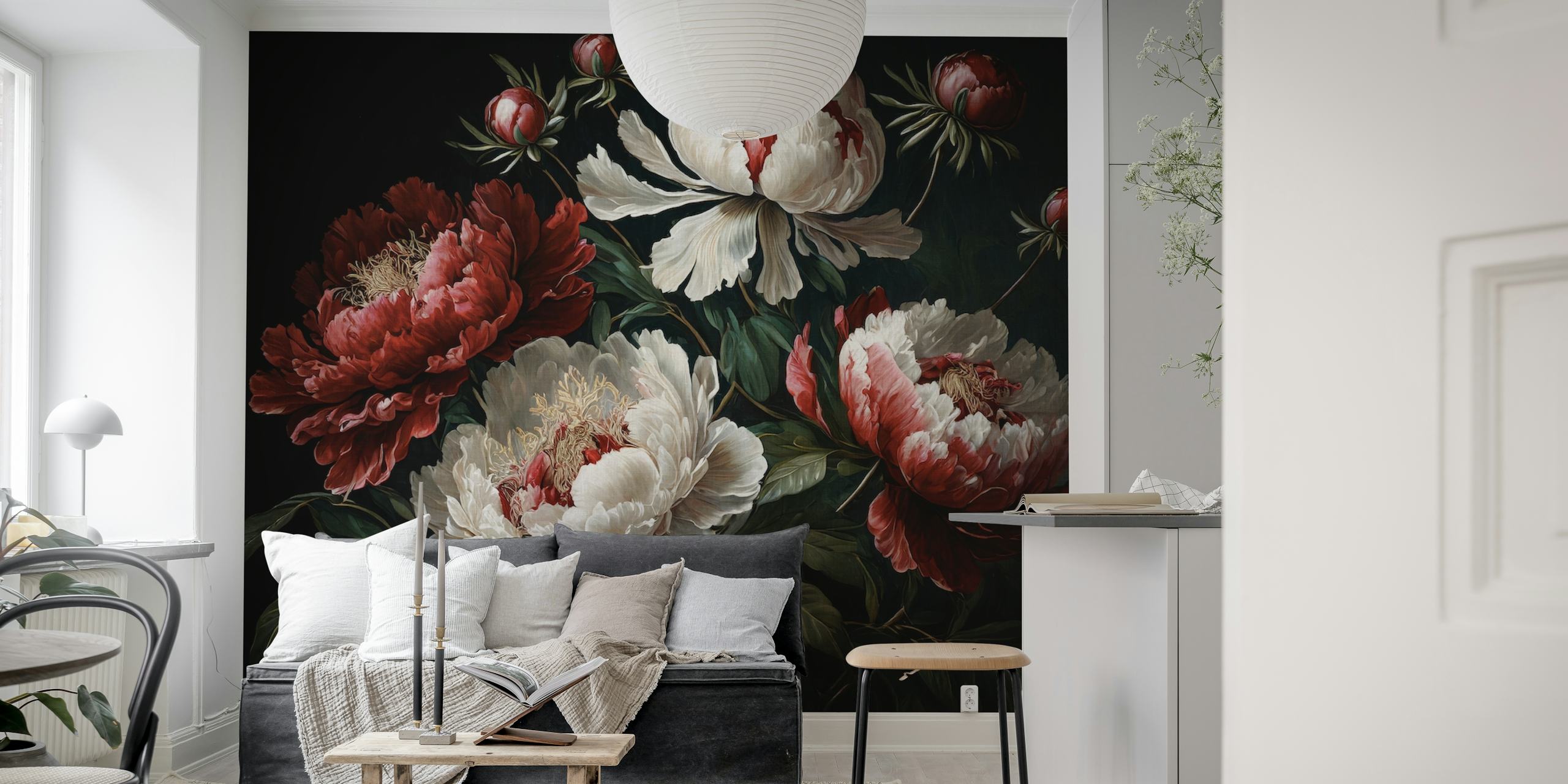 Red and white baroque peonies wallpaper design