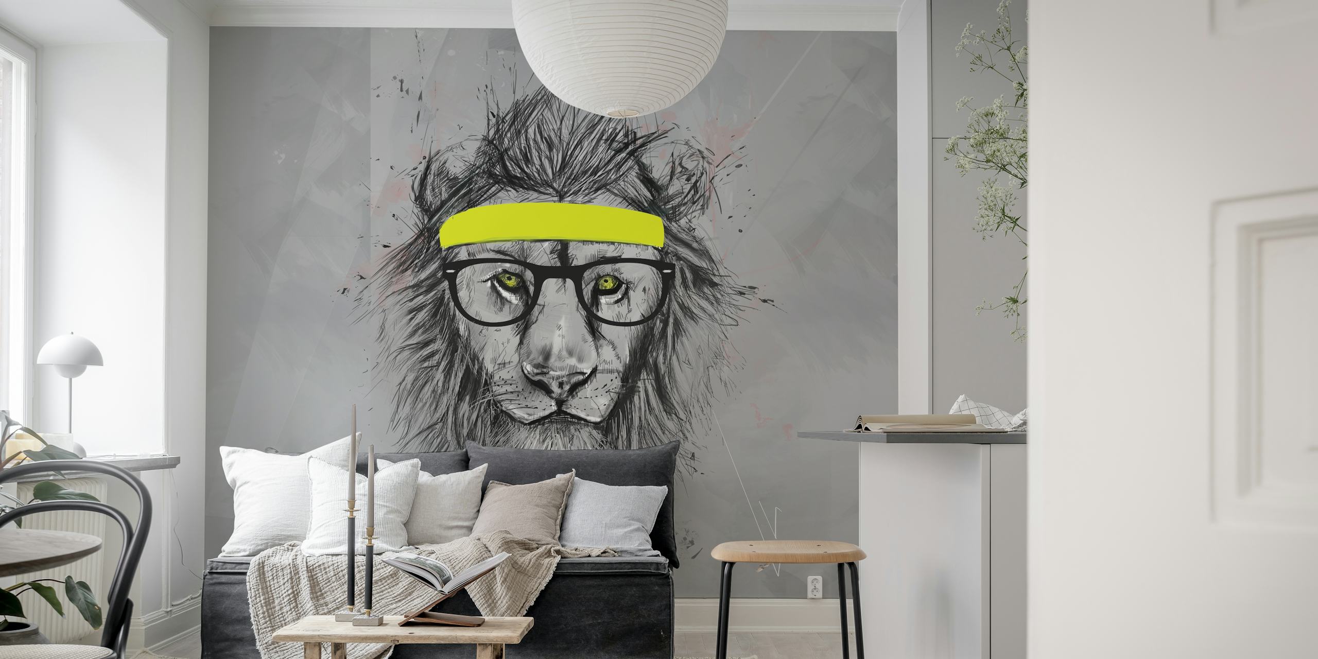 Black and white illustrated lion with a hip headband wall mural