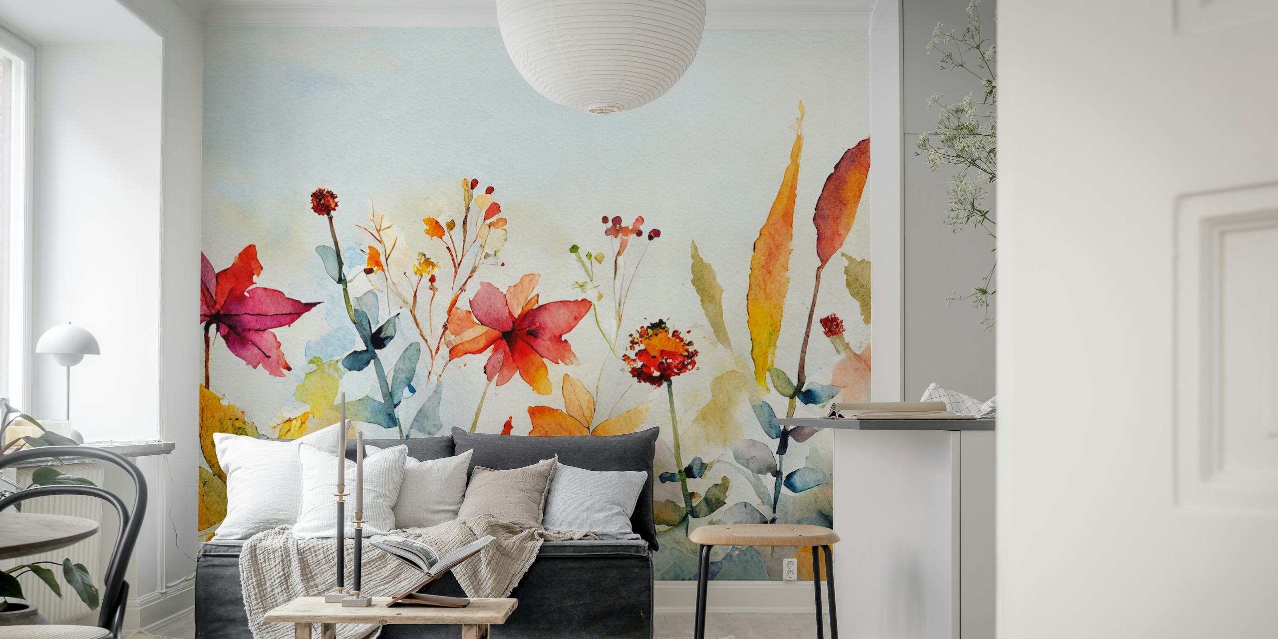 Τοίχος mural με meadow flowers watercolor σε ζωντανά χρώματα