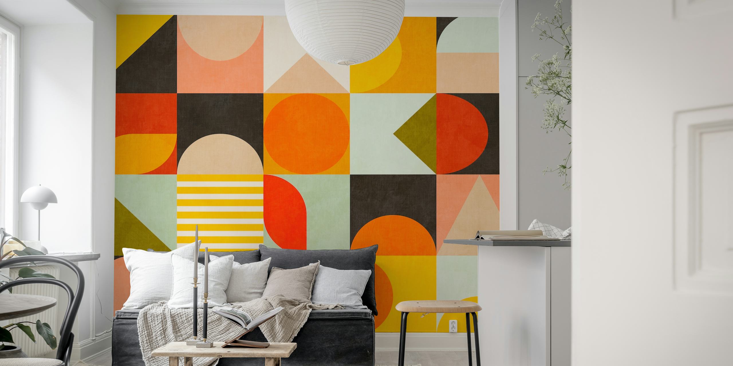 Colorido mural de pared Bauhaus Geometry de mediados de siglo con formas geométricas