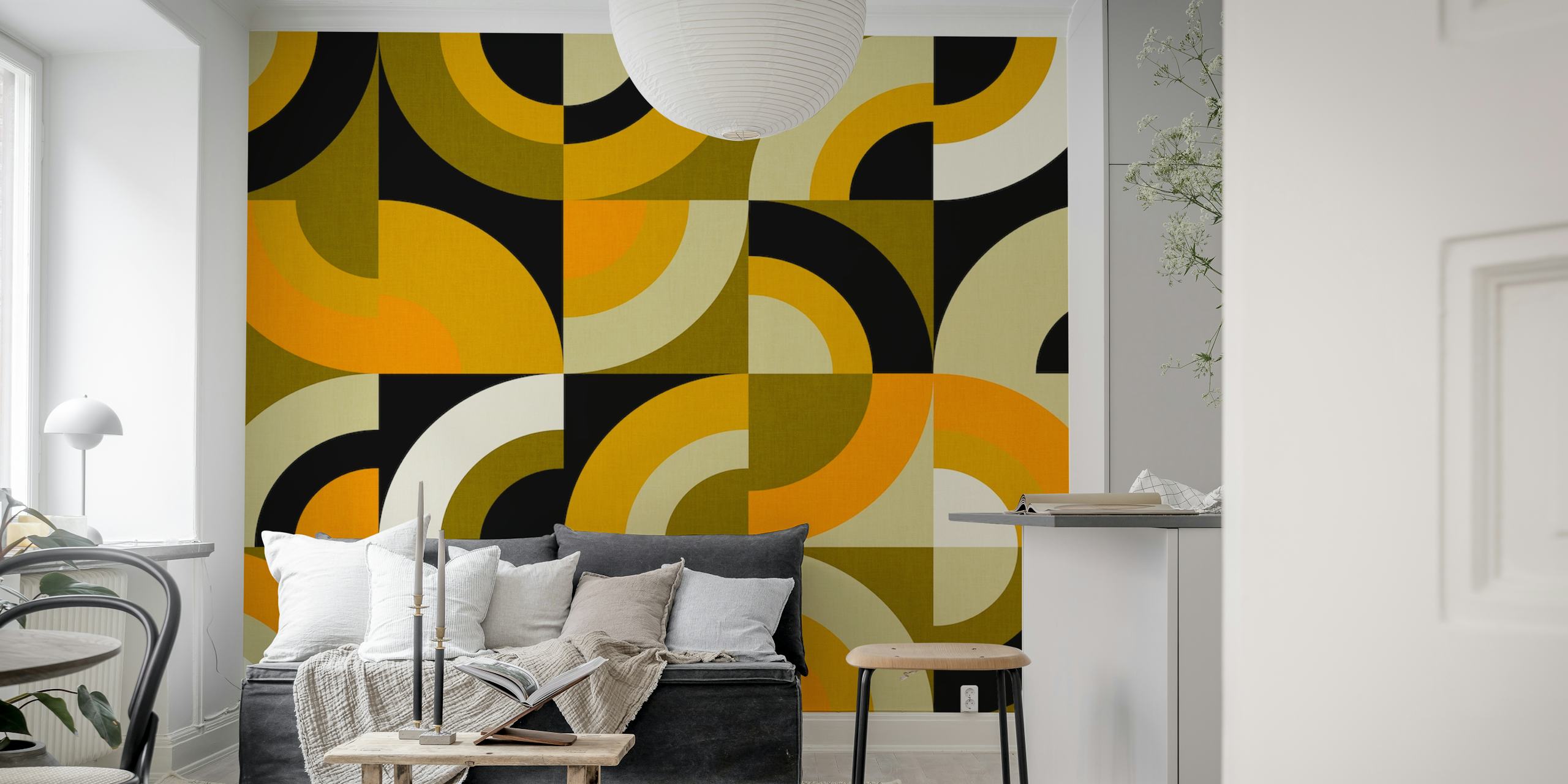 Geometric arcs pattern in mustard yellow, black, and white wallpaper