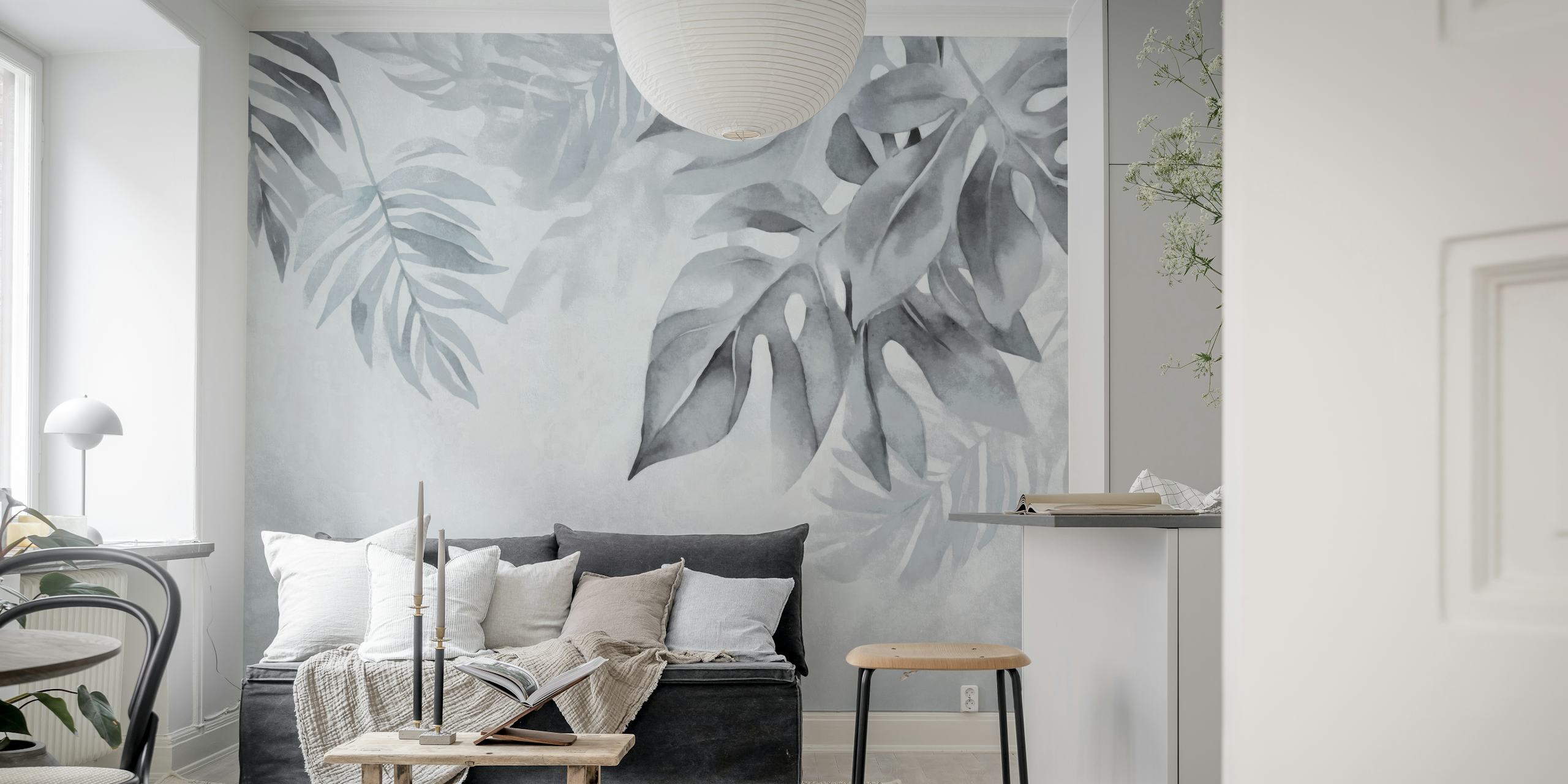 Grijze aquarel tropische bladeren muurschildering voor een vredig interieur