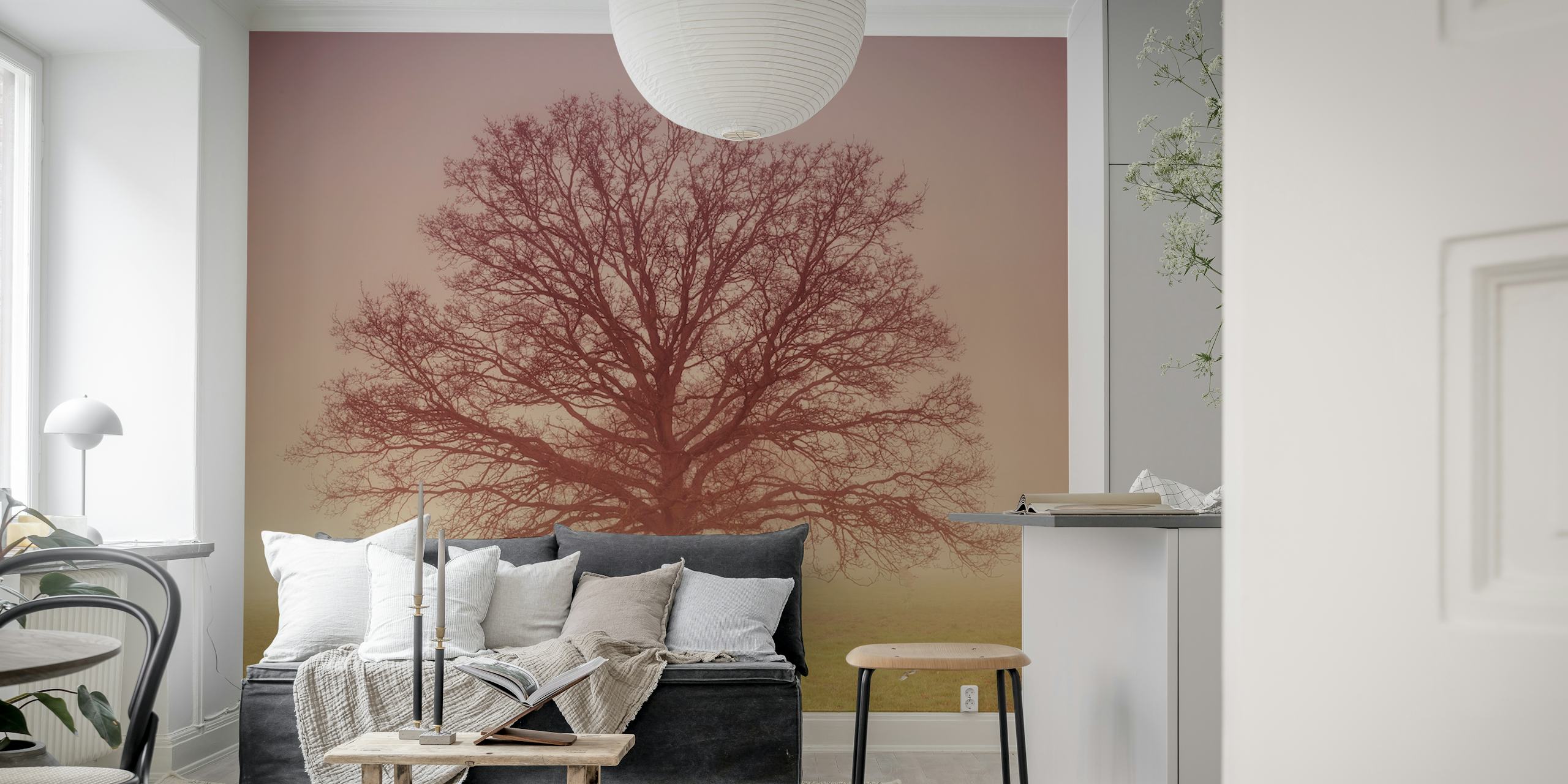 Fotomural árbol solitario en un campo brumoso para decoración del hogar