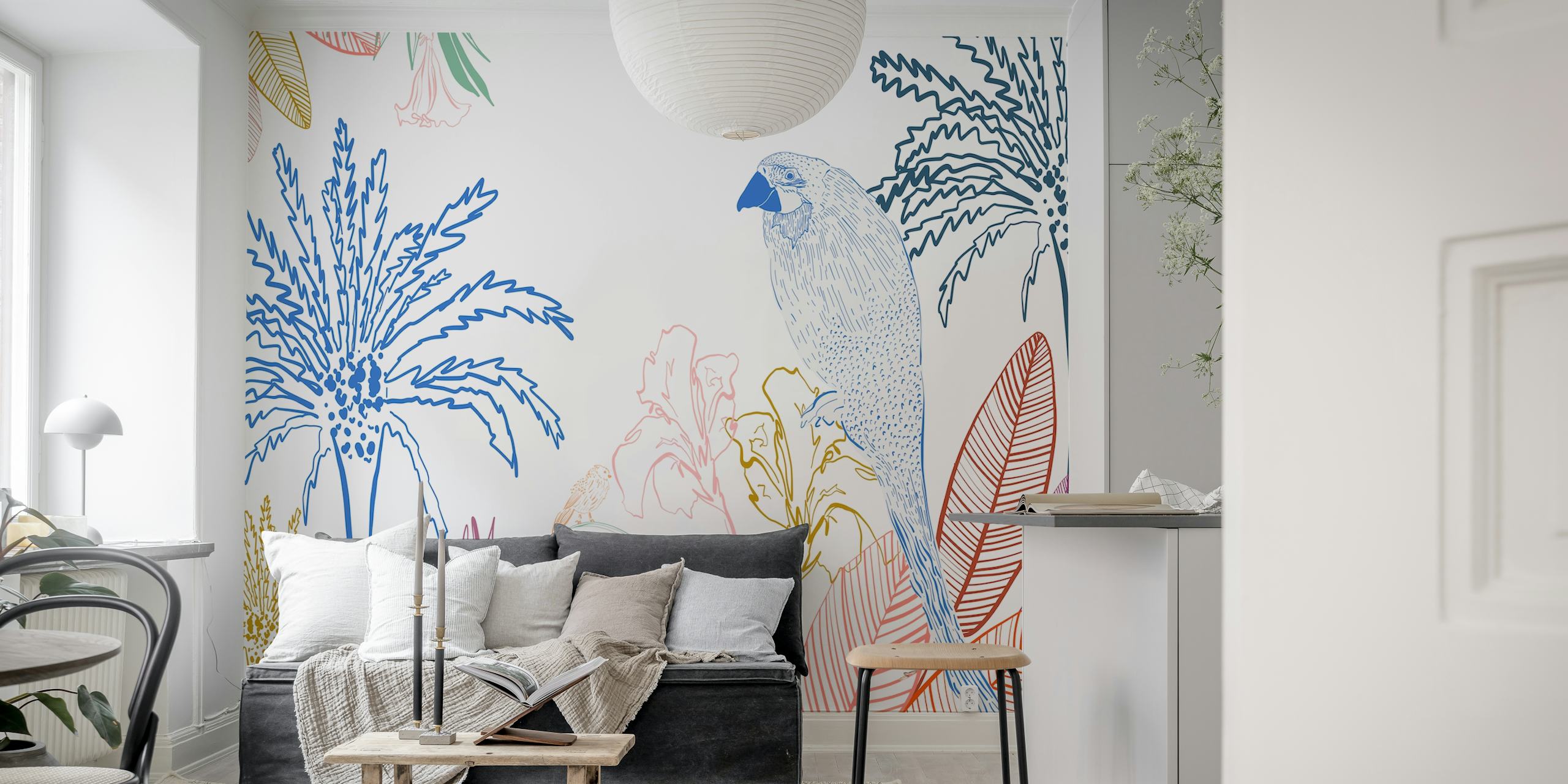 Tropical macaw bird wallpaper in a room
