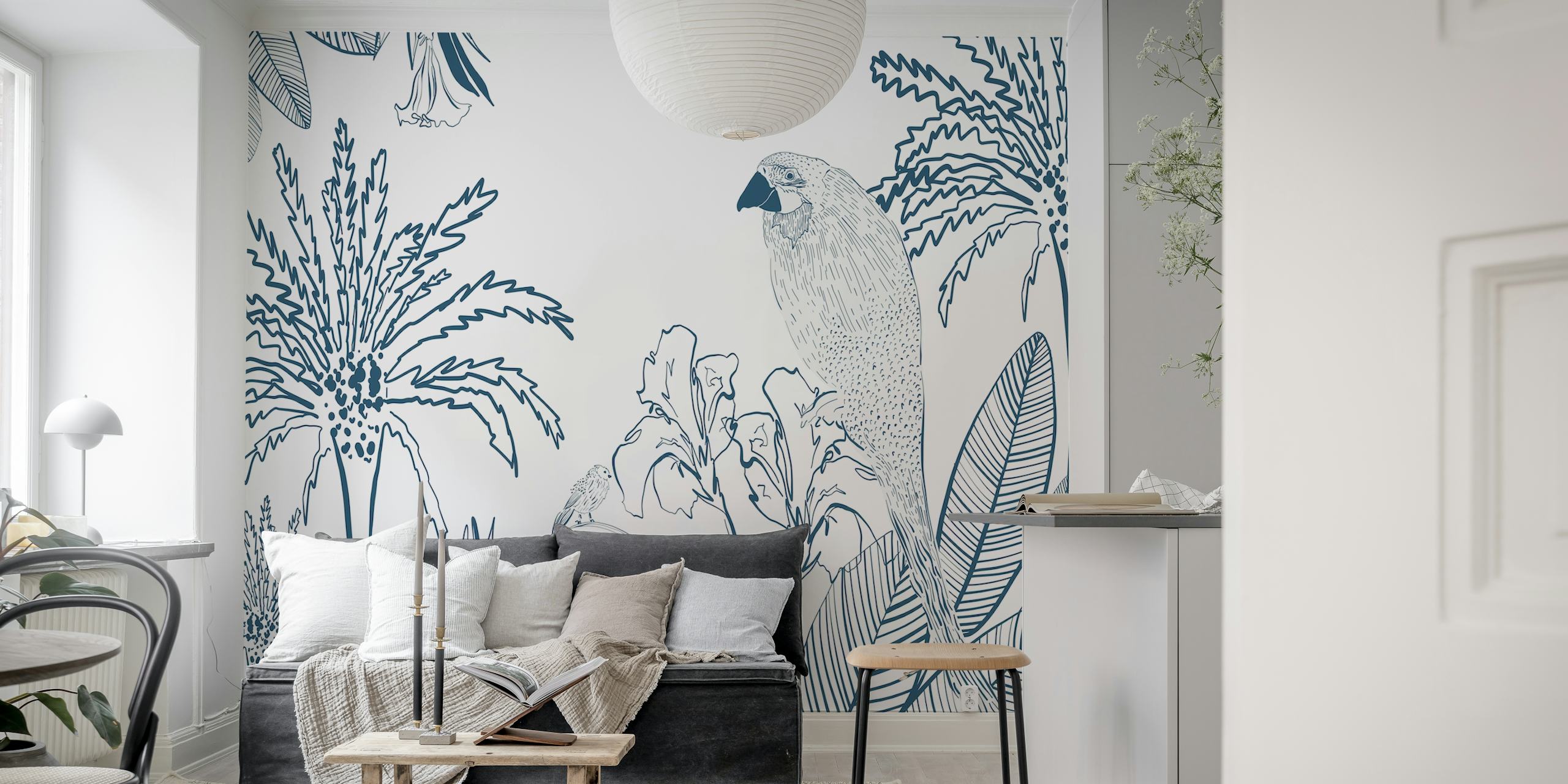 Tropical Macaw Bird papel de parede exibido em um quarto